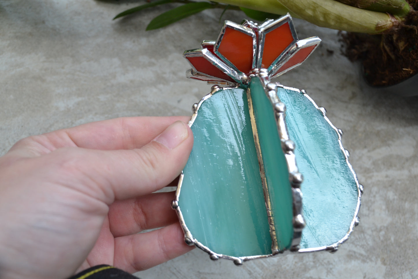 "Cactus Irid Turquoise XL with stamens", Succulent 3D design, Iridescent, house plant for flower pot, Sun catcher, glass art