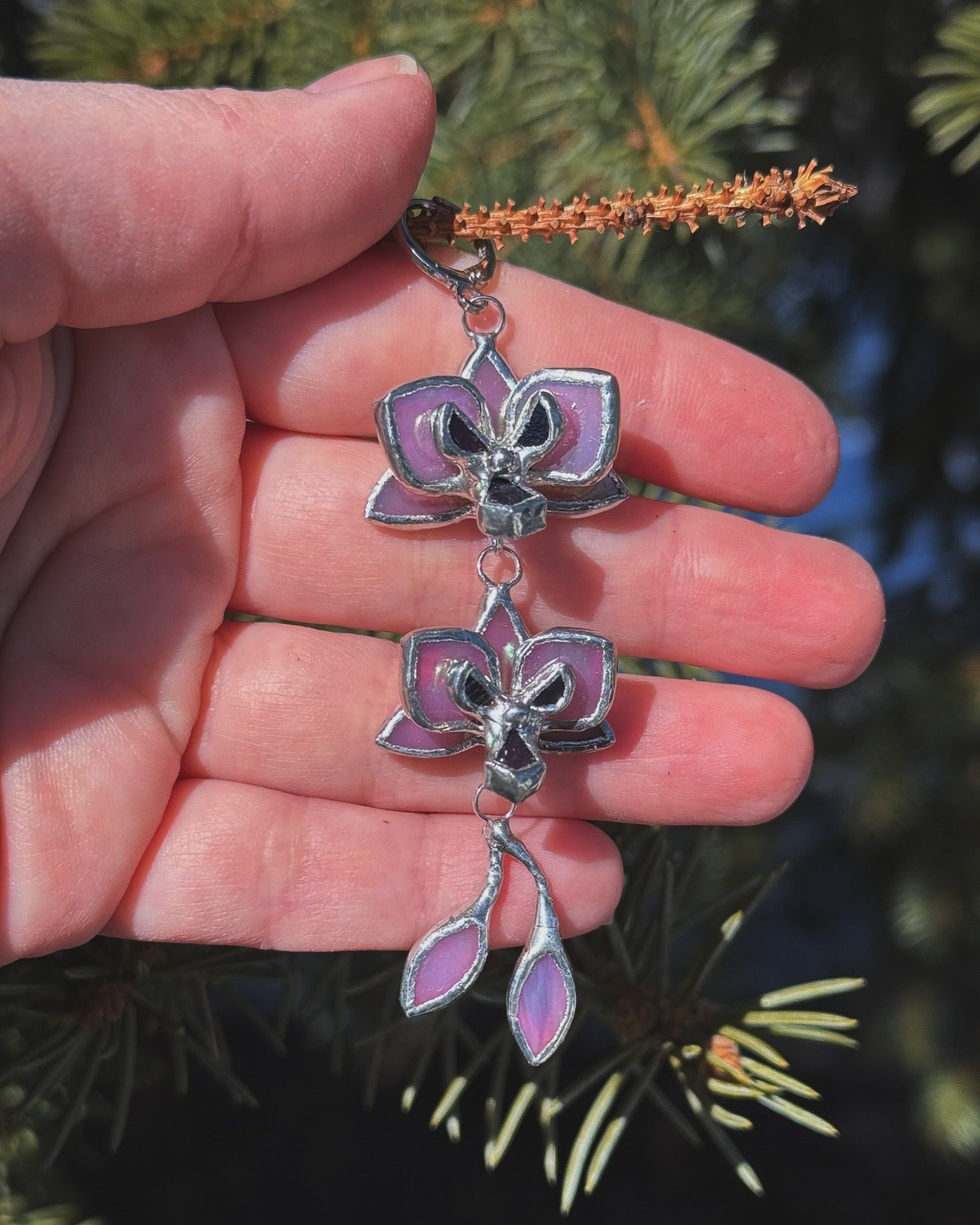 " . Earrings  Orchid 2 flowers with buds Pink iridescent” Stained glass tropical flower 3D, art jewelry