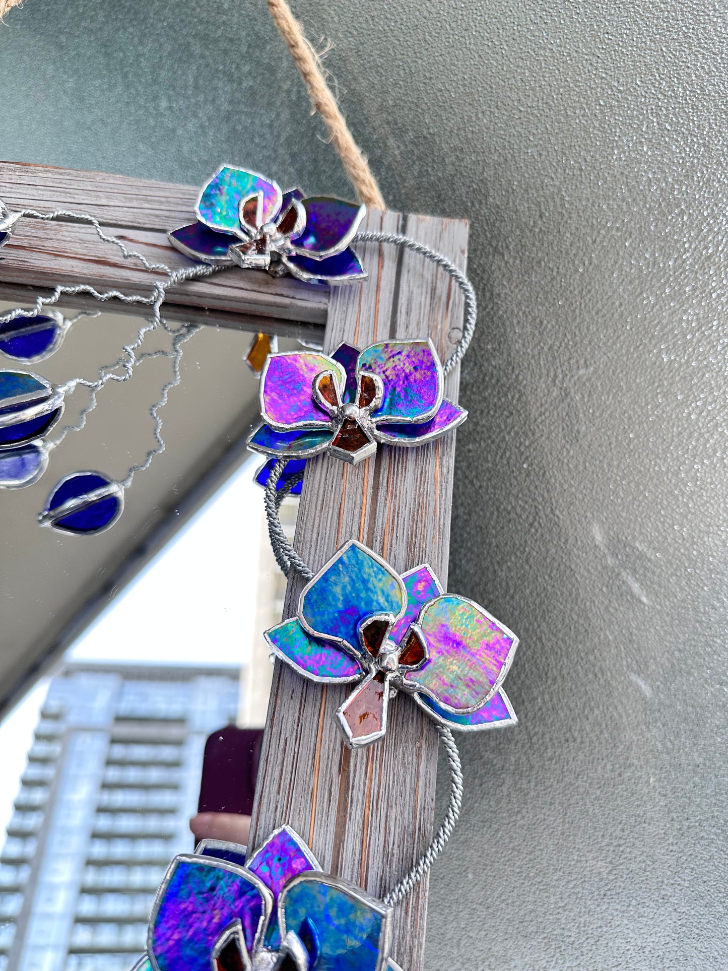 ". Blooming Orchid Indigo iridescent" Stained glass flower Mirror, Wall decor, Wedding, Christmas gift