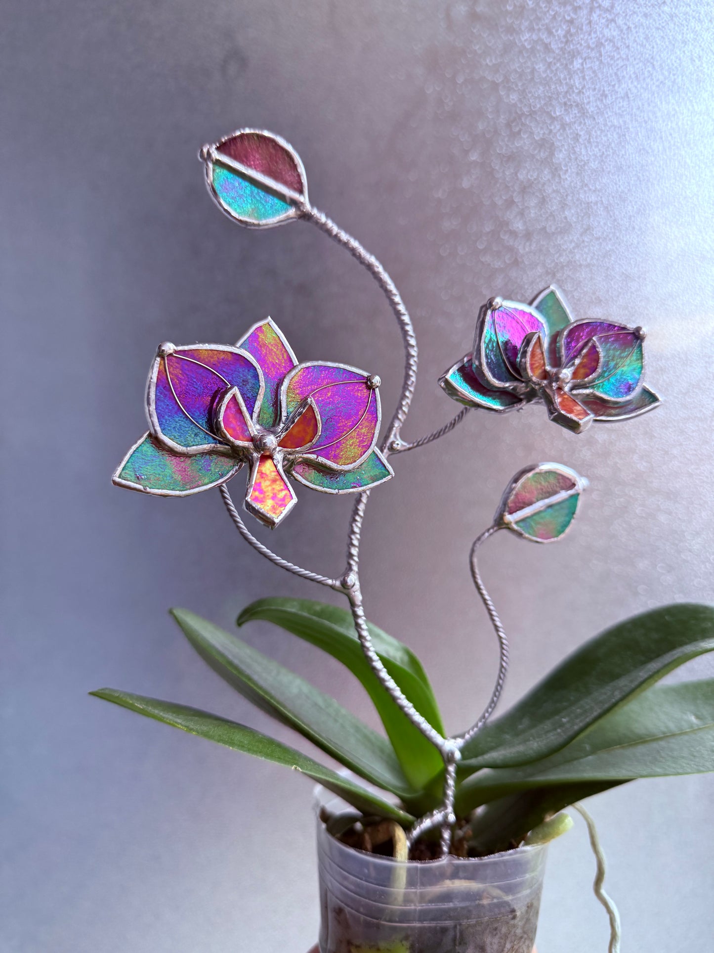 " . Mauve irid Orchid flower stick, Plant stake 2 flowers no pot” Stained glass tropical flower 3D, Sun catcher, Table plant, Garden stick, Outdoor and gardening decor