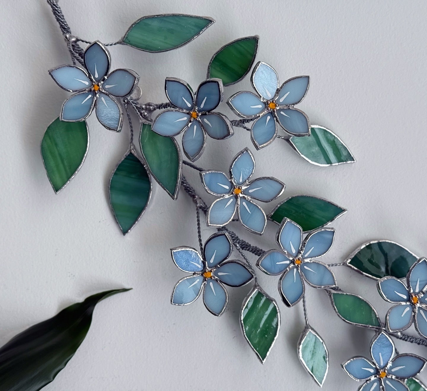 .Forget me Not Flower Branch Stained Glass Wall Decor, Glass Suncatcher Wall Decor ready