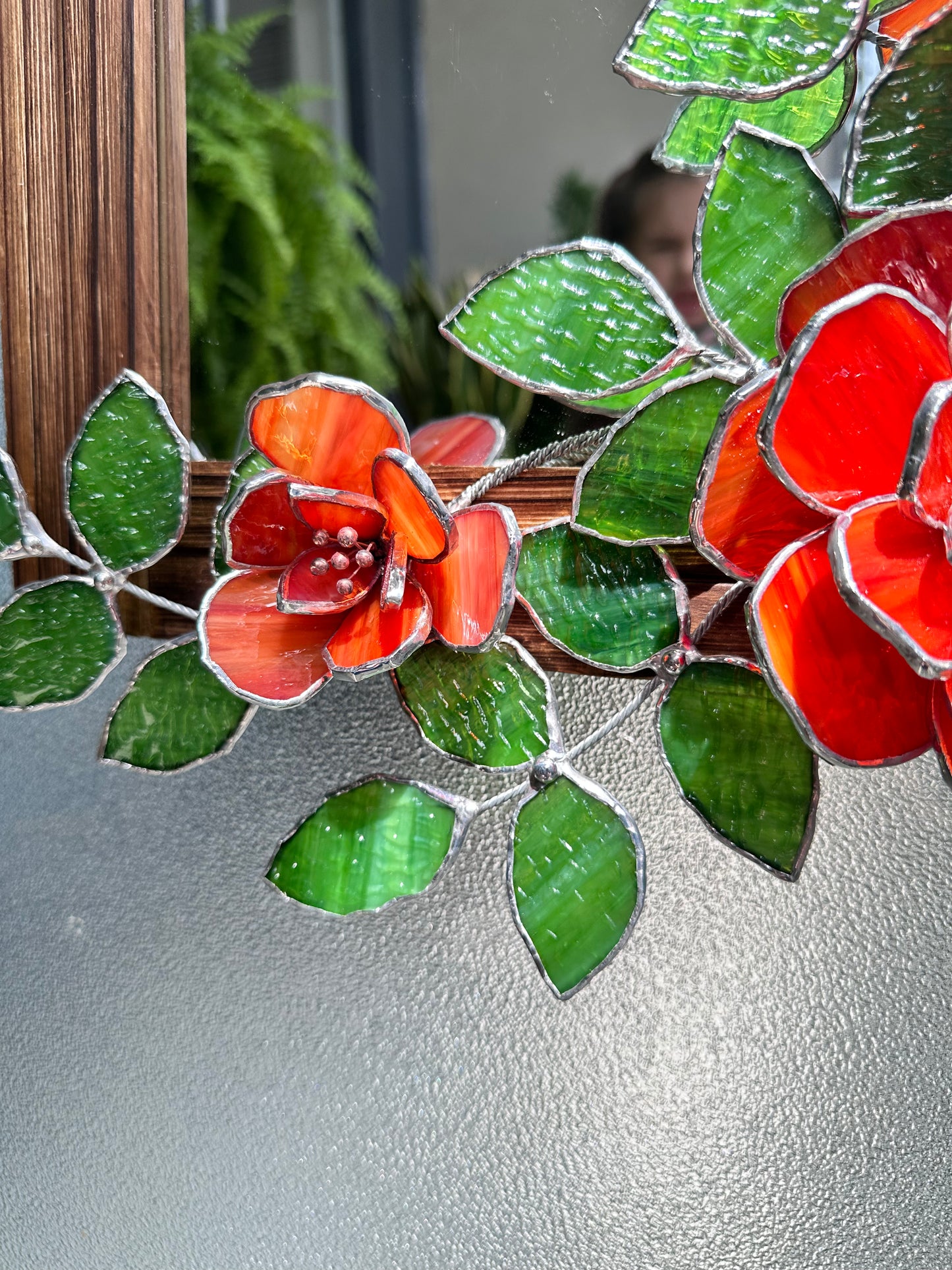 " . Flower Mirror Red Roses, Stained glass Wedding Wall Decor Christmas gift, Suncatcher