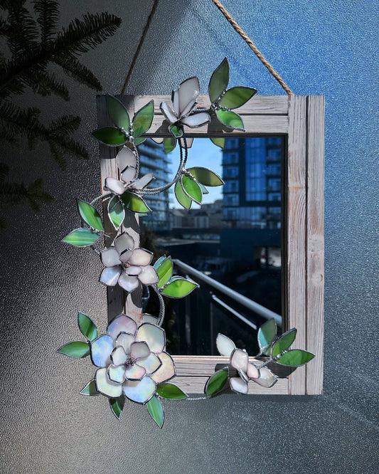 ". Stained glass flower Mirror White Pearl Magnolia Wedding Wall Decor Christmas gift Everlasting, Suncatcher, succulent,