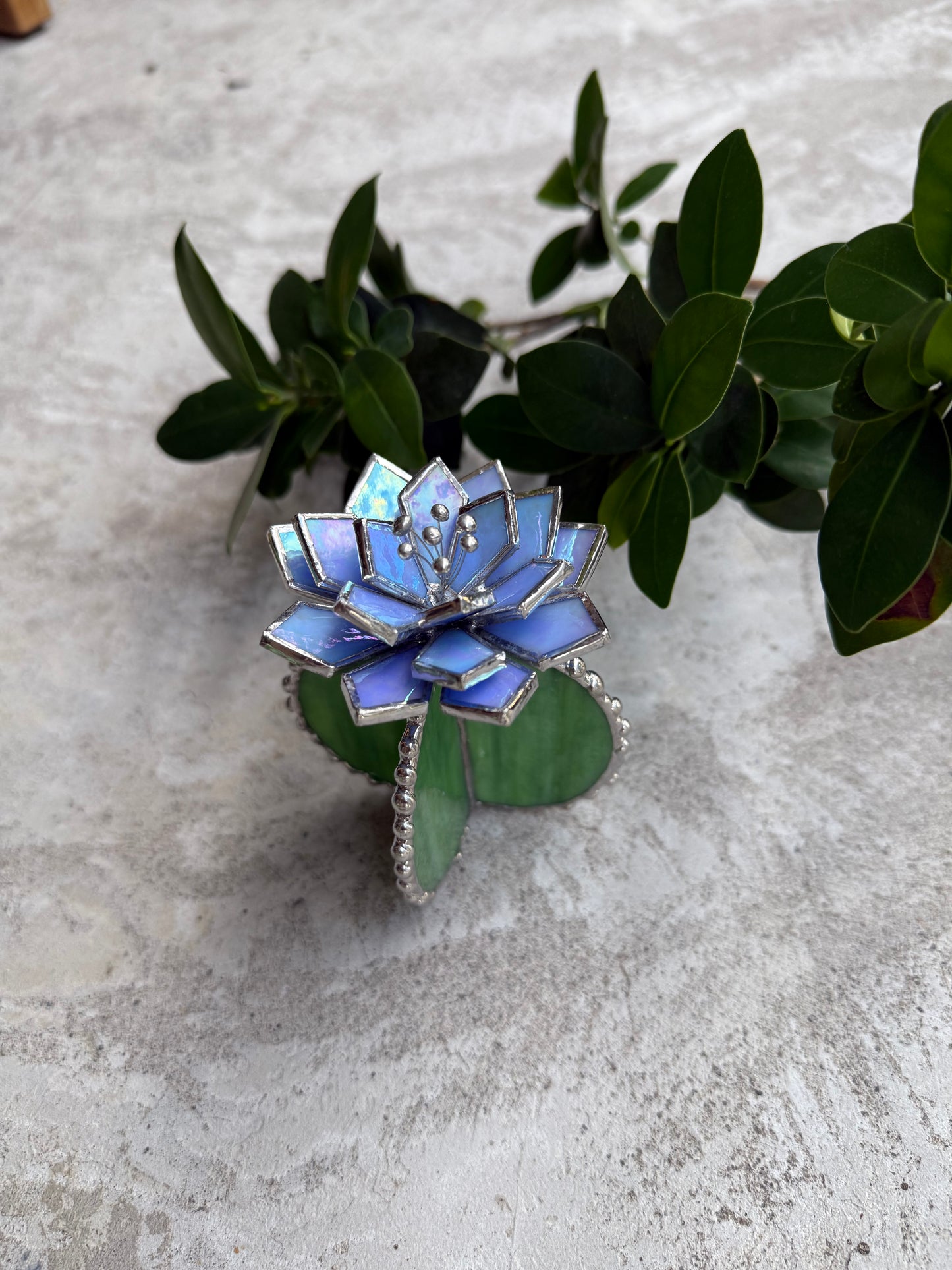 "Cactus Sky blue lumi & green ribbed" Stained glass Succulent 3D design, house plant for flower pot, Sun catcher, glass art, wedding decor