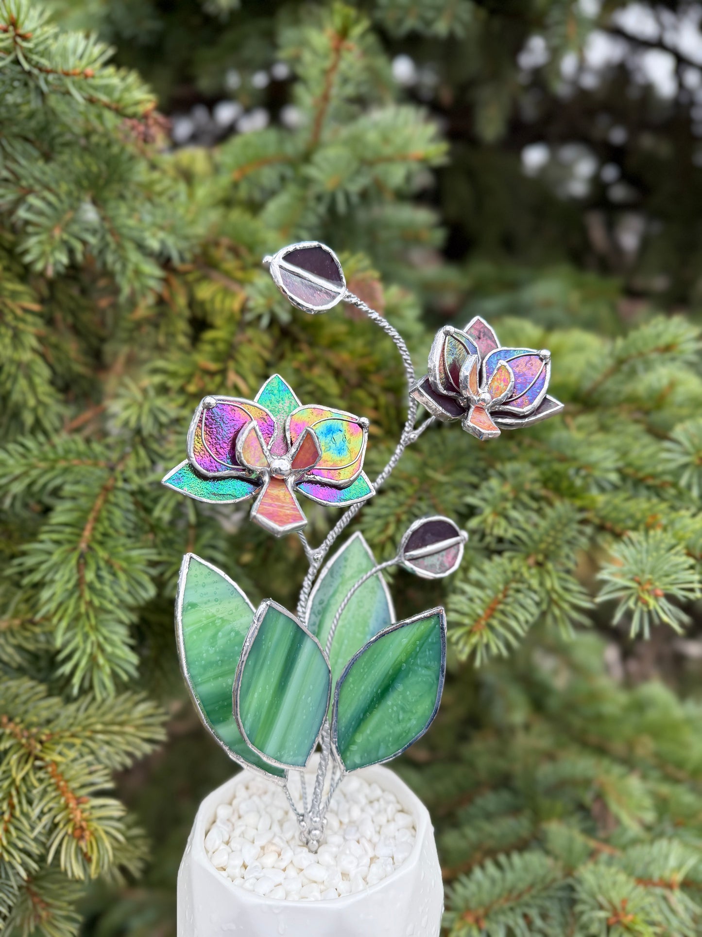 " . Mauve iridescent Orchid 2 flowers with pot” Stained glass tropical flower 3D, Sun catcher, Table plant decor, Garden stick, Outdoor and gardening decor