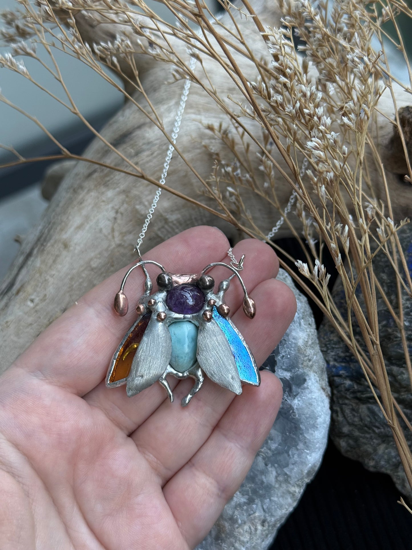 " . Bug necklace Magic Moth with Blue Larimar & Amethyst”, stained glass art jewelry pendant 3D wedding jewelry Mother’s Day gift