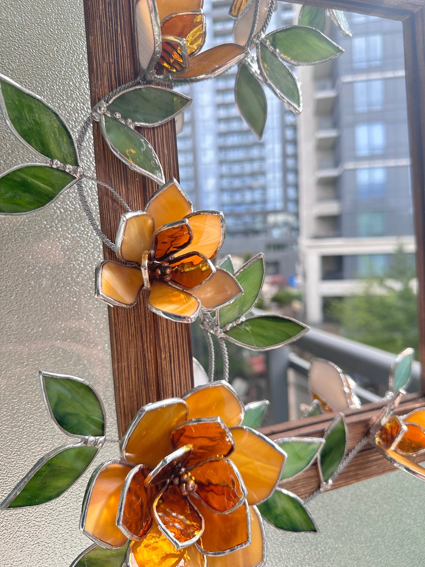 " . Amber Magnolia Flower Mirror, Stained glass Wedding Wall Decor, Christmas gift, Suncatcher