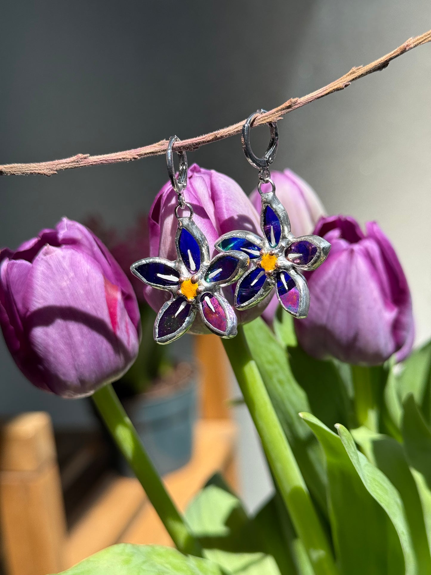 .Forget Me Not Earrings Indigo Luminescent Handcrafted Stained glass Botanical Art Jewelry