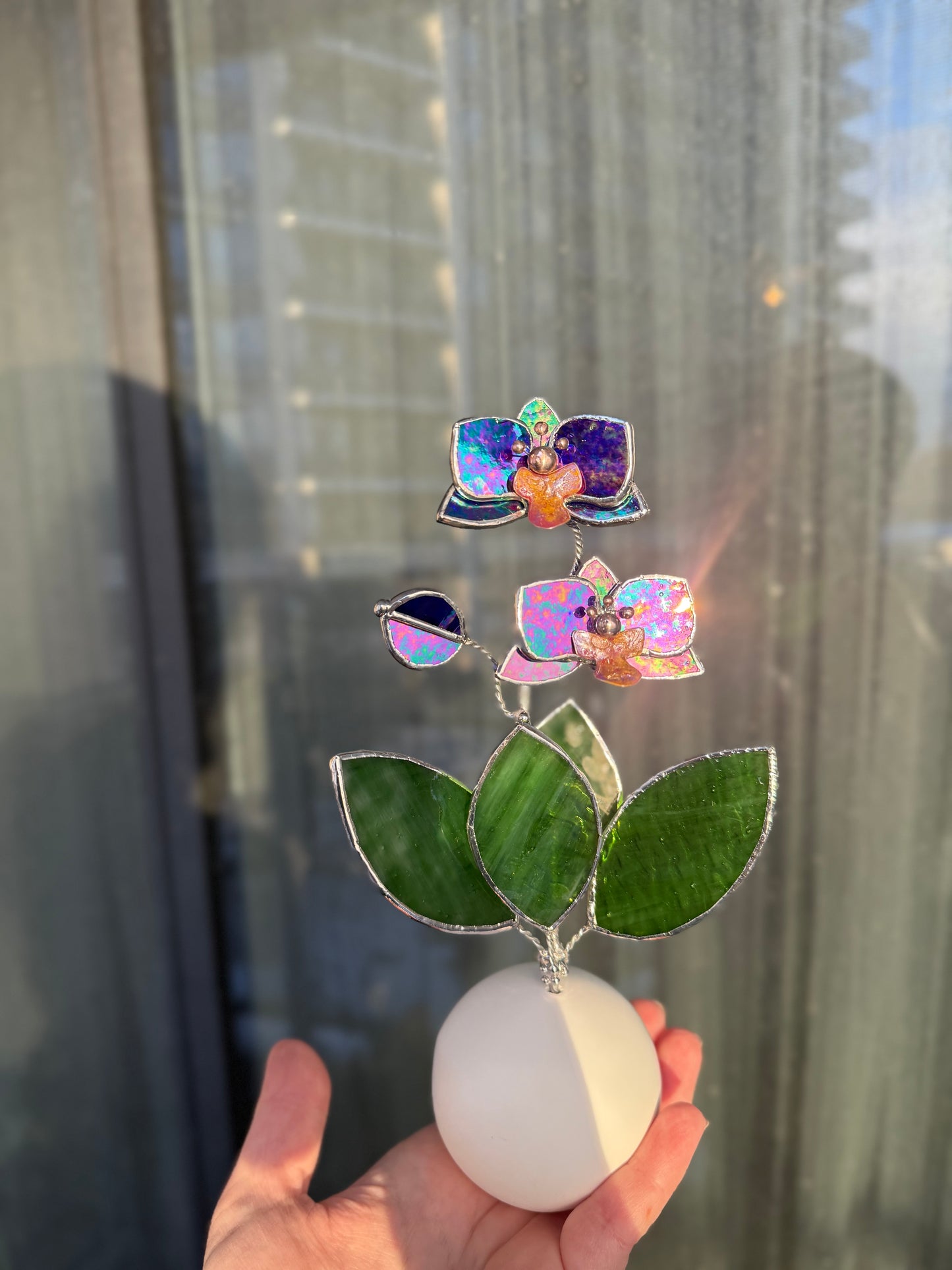 Orchid Indigo Stained Glass Artisan Flower, Botanical Table Decor