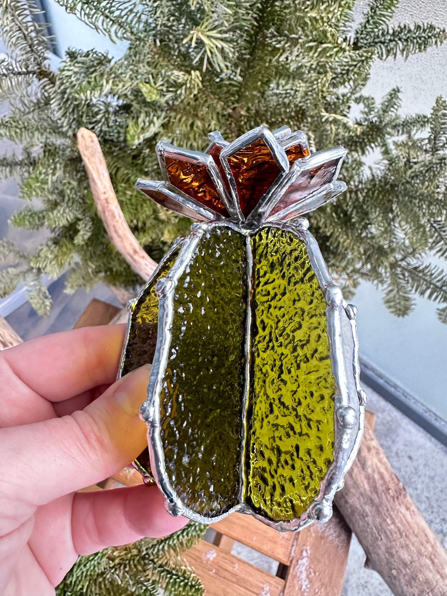 "Cactus blooming Amber Semi-Transparent XL" Stained glass Succulent 3D design, house plant for flower pot, Sun catcher, glass art, wedding decor