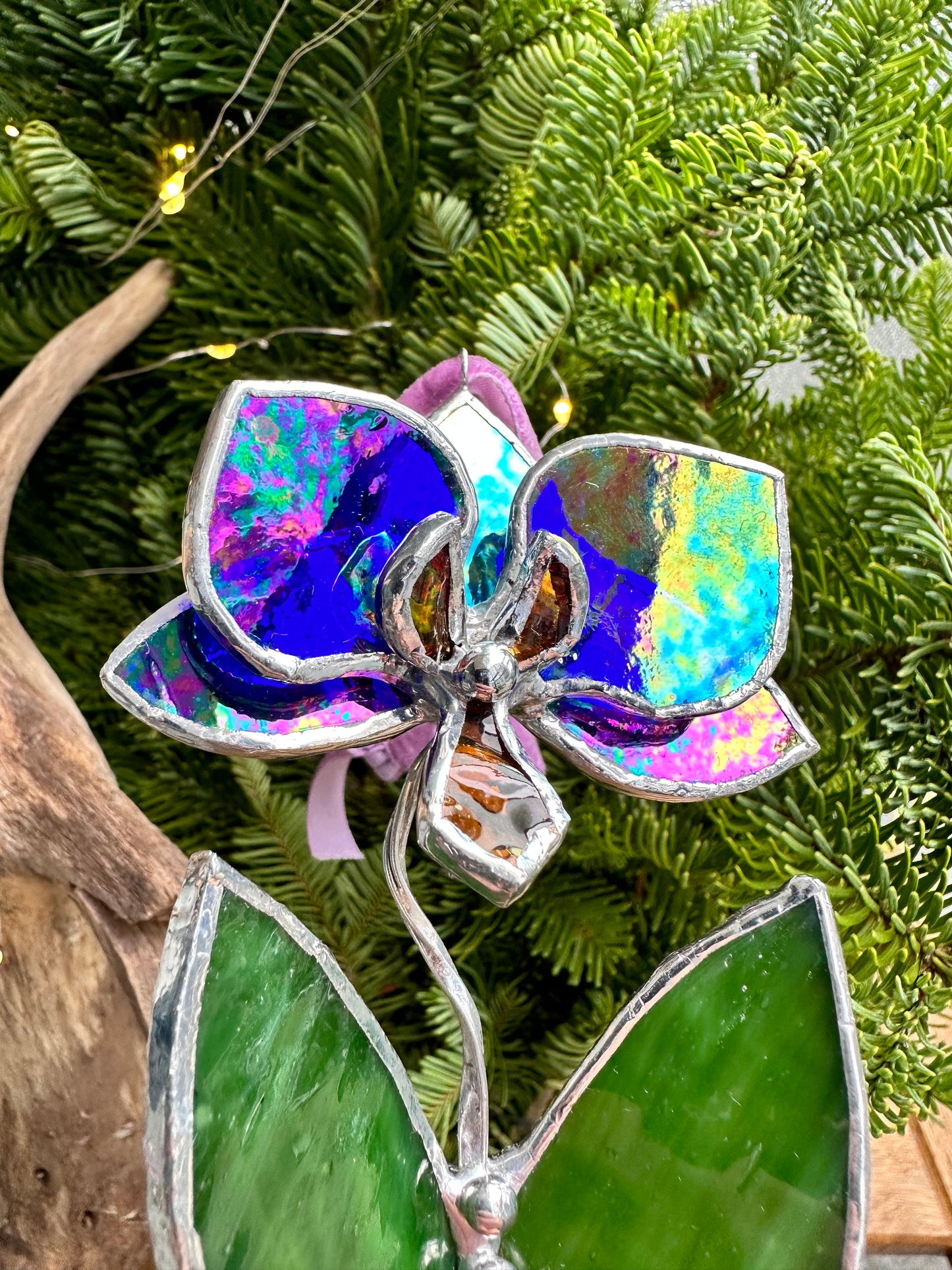 Christmas tree ornament Orchid Indigo Iridescent Set of 1, 3, 5. Stained glass Wall window decor, holiday decorations, lights