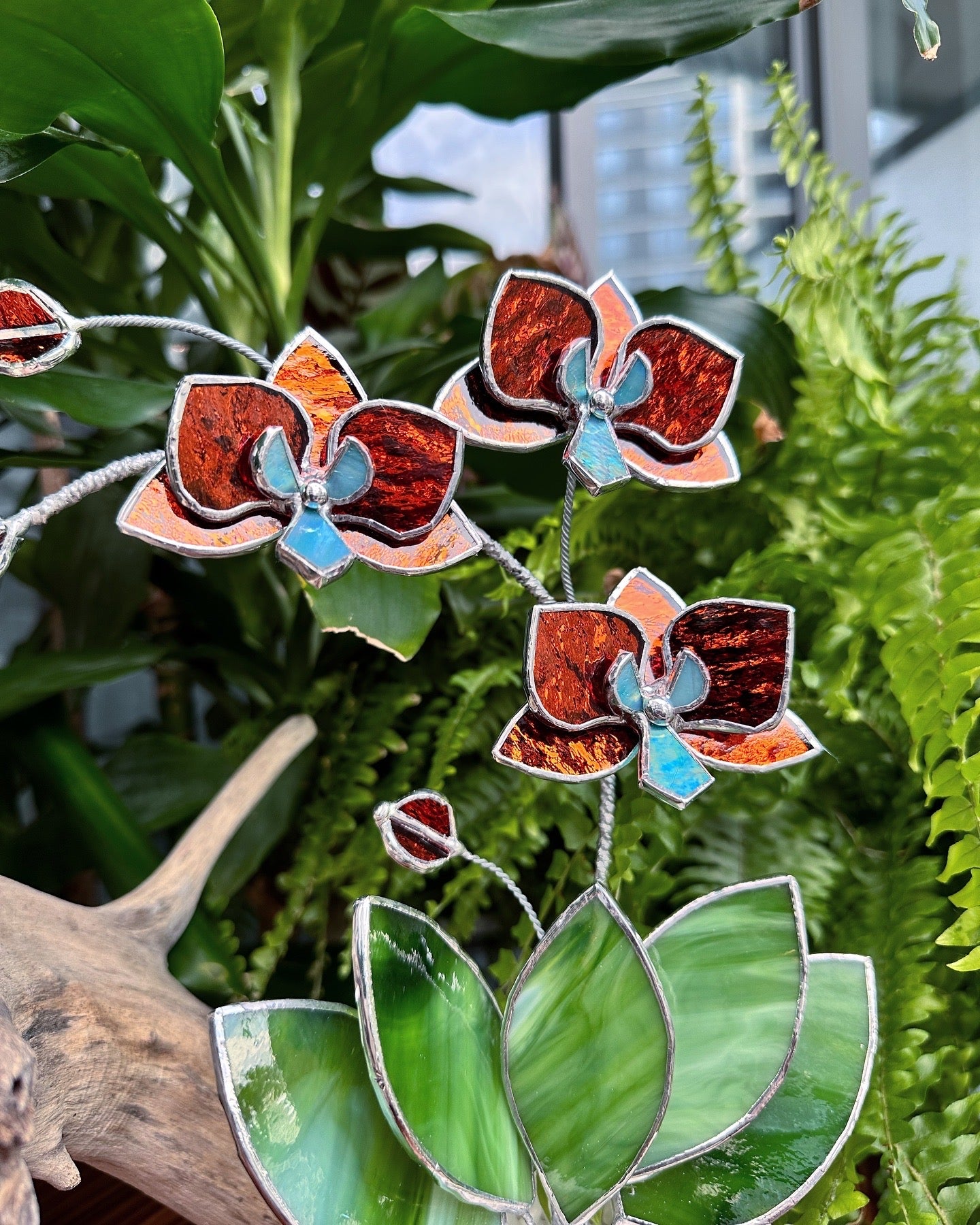 ". Golden Orchid 3 flowers with pot” Stained glass tropical flower 3D, Sun catcher, Table plant, Garden stick, Outdoor and gardening decor,