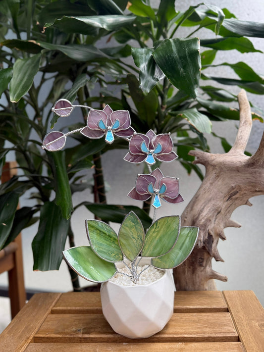 " . Dusty Rose translucent Orchid 3 flowers with pot 2025” Stained glass tropical flower 3D, Sun catcher, Table plant, Garden stick, Outdoor and gardening decor