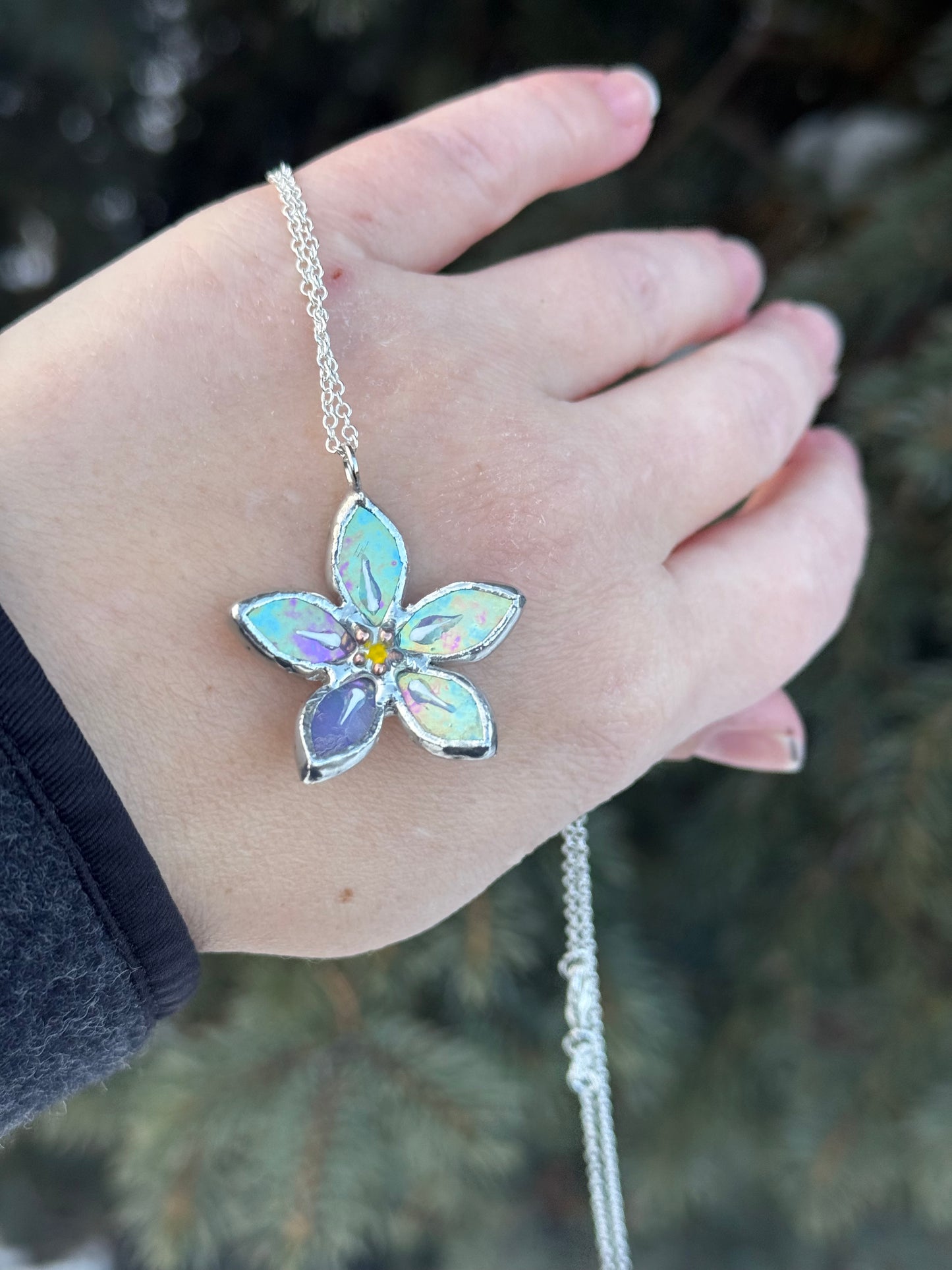 " . Necklace Forget Me Not flower Lavender iridescent Stained glass , Modern art, jewelry