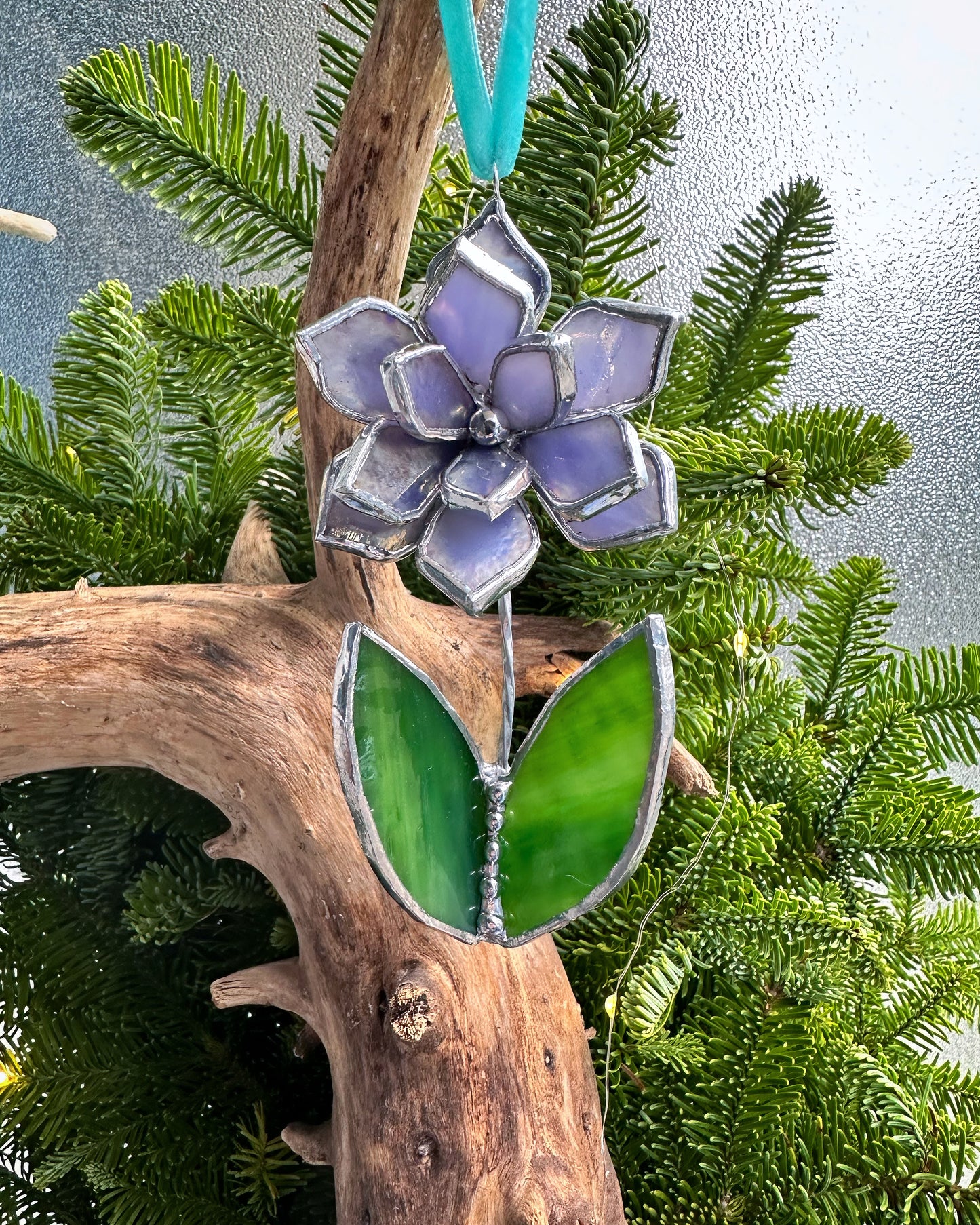 Christmas tree ornament Flower Lavender iridescent Set of 1, 3, 5, 7, 10. Stained glass Wall window decor, holiday decorations, lights