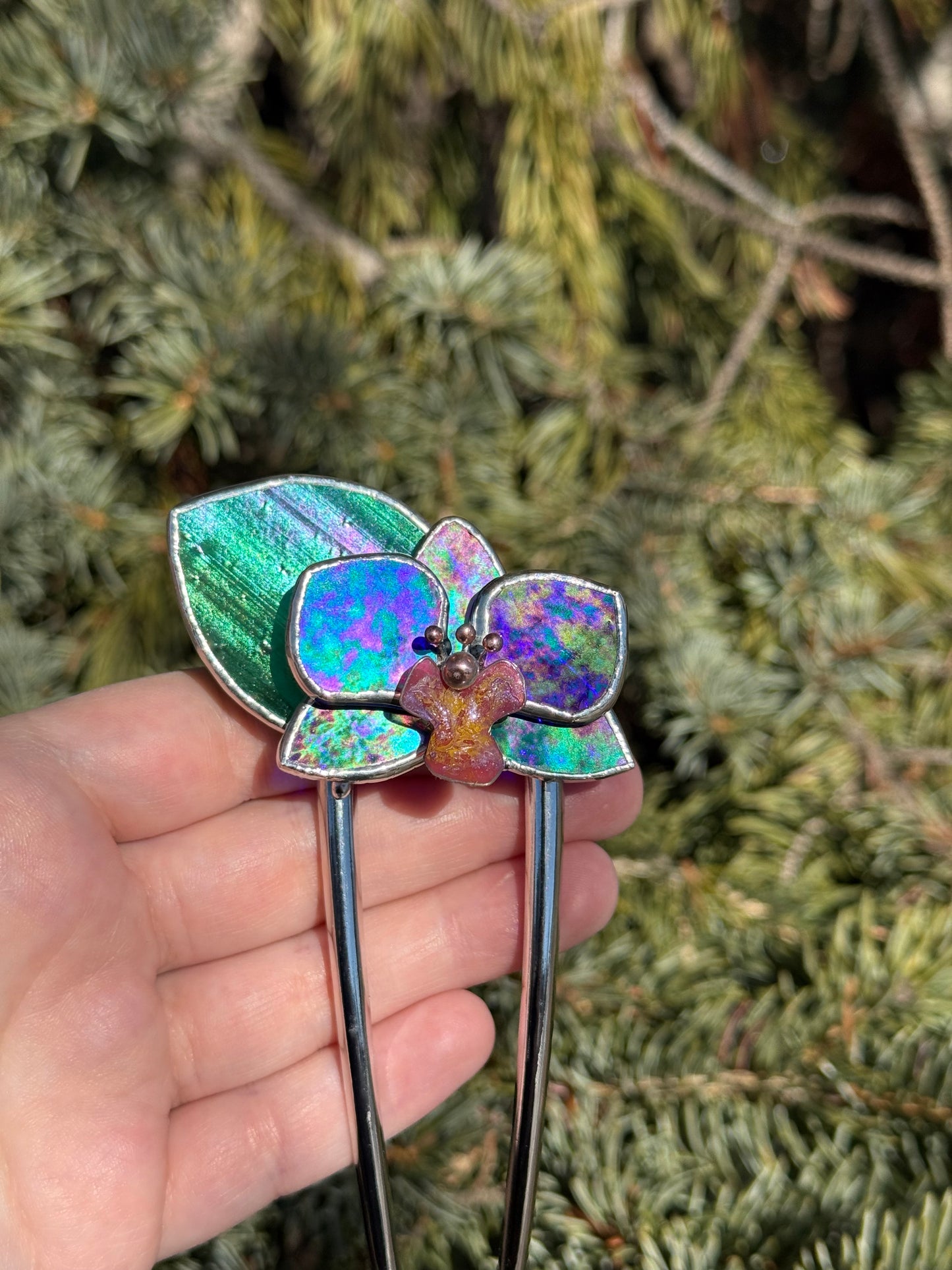 Hair Pin Stained Glass Orchid Flower CHOOSE COLOR Handmade Floral Accessories