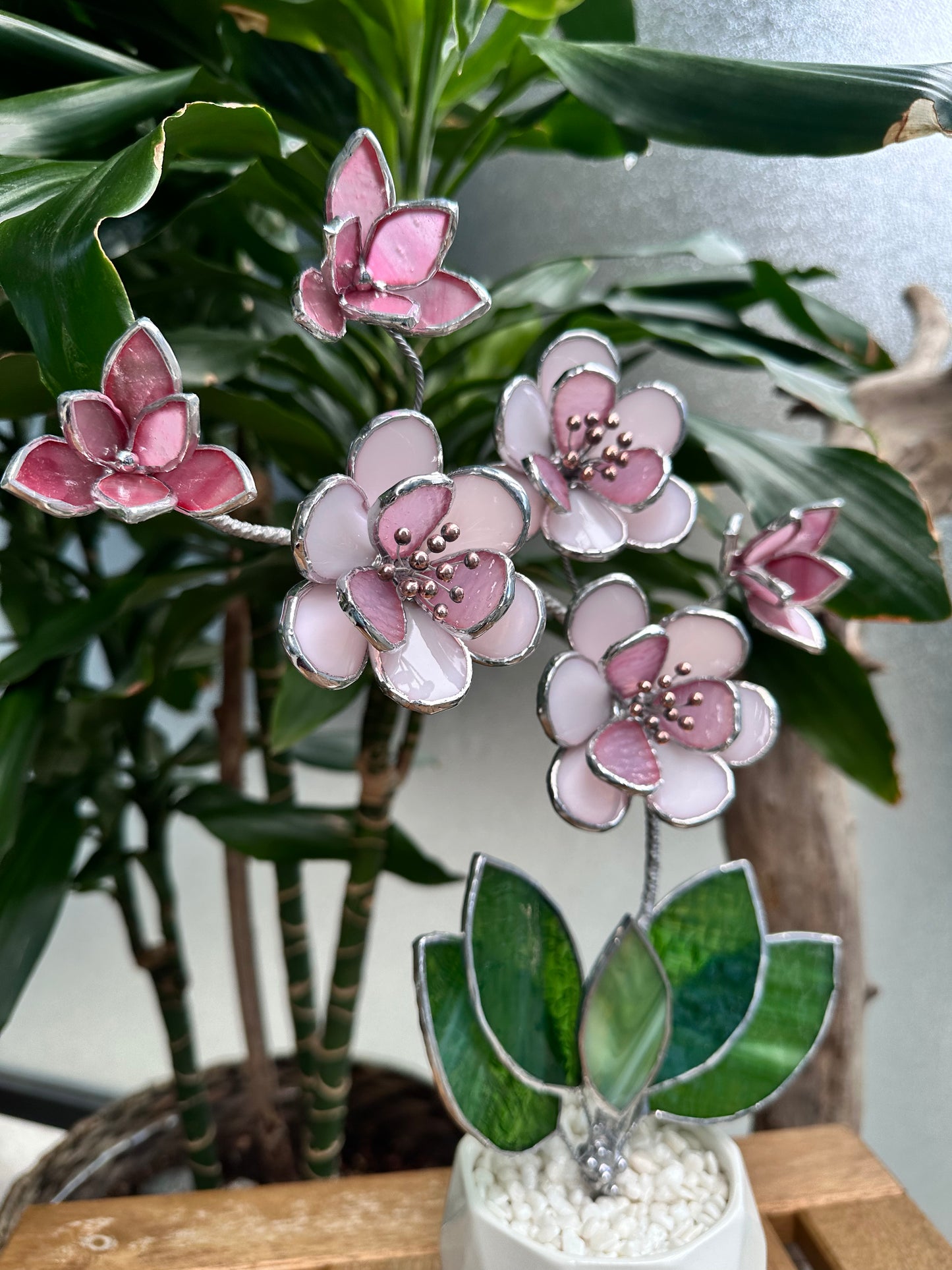 " . Sakura flowers with pot" Stained glass tropical flower 3D, Sun catcher, Table plant, Garden stick, wedding decor, Christmas gift