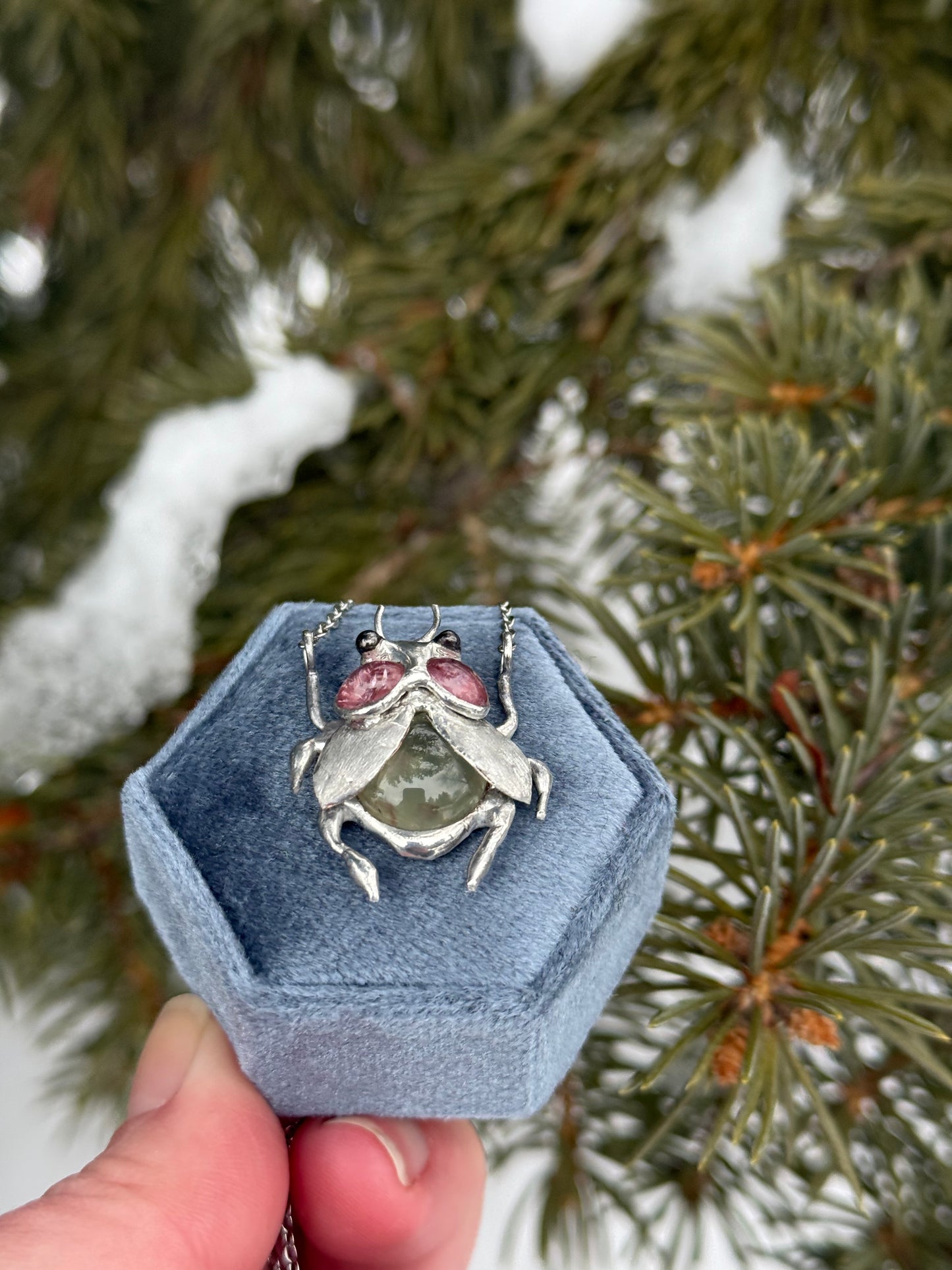 " . Bug necklace Flower Chafer with Pink Tourmaline & Olive Prehnite”, art jewelry pendant with gemstones 3D wedding jewelry Mother’s Day gift