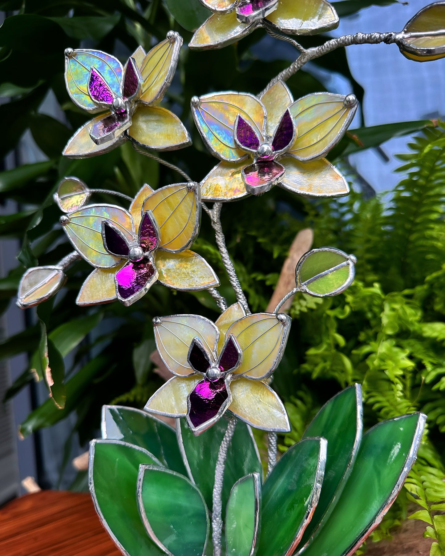 ". “Soulmates” Double stem Lemon yellow iridescent Orchid XL with pot, 5 flowers. Suncatcher, Tropical flowers, Outdoor and gardening decor, Christmas, Wedding gift