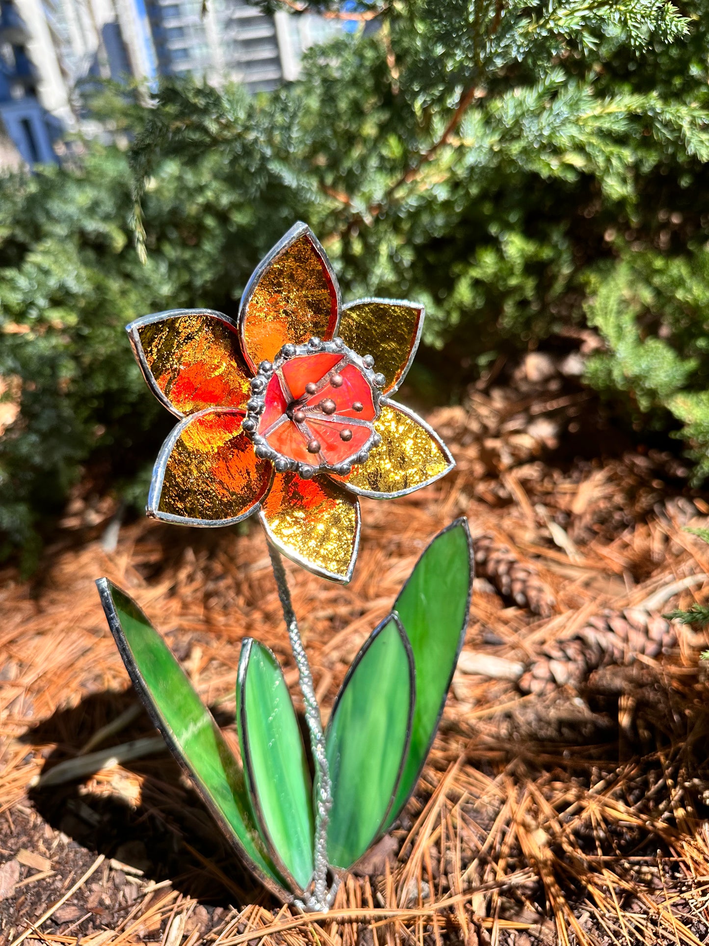 " . Golden Daffodil Flower with pot" Stained glass tropical flower 3D, Sun catcher, Table plant decor, Garden stick, wedding decor, Christmas gift, available