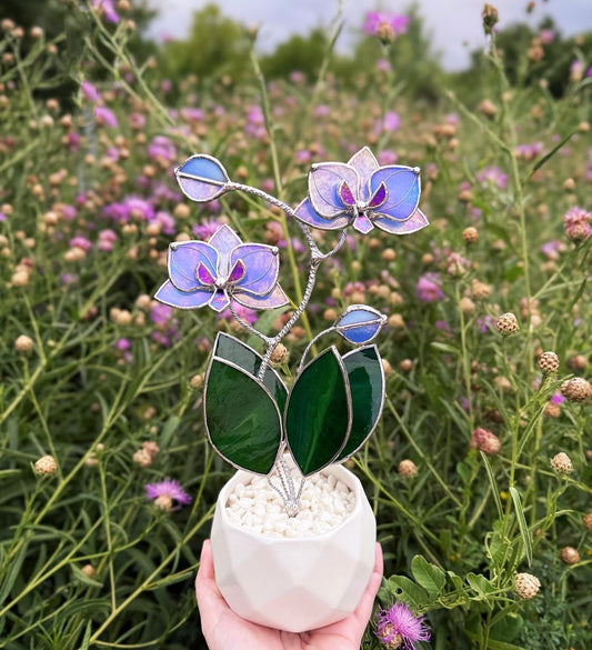 " . Blue Lavender Orchid, 2 flowers with pot” Stained glass tropical flower 3D, Sun catcher, Table plant decor, Garden stick, Outdoor and gardening decor
