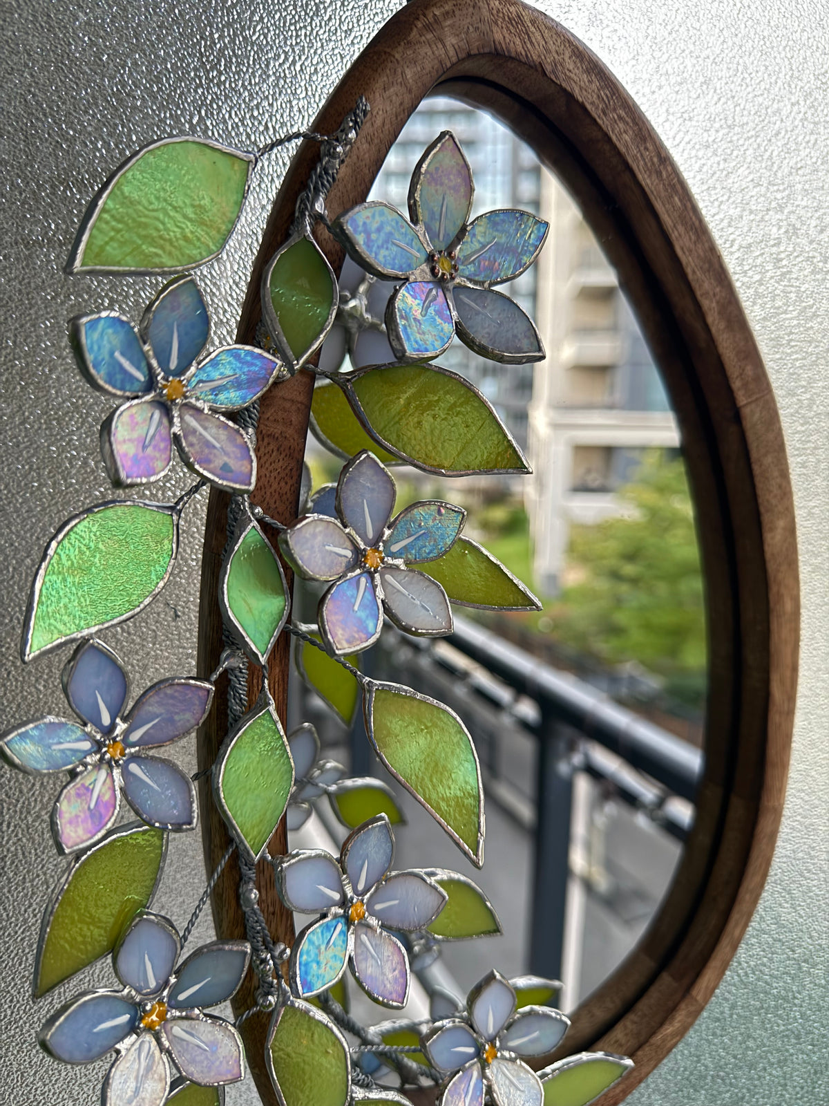 .Forget Me Not iridescent Stained glass Flower Mirror, 3D Botanical Floral Wall Art ready new