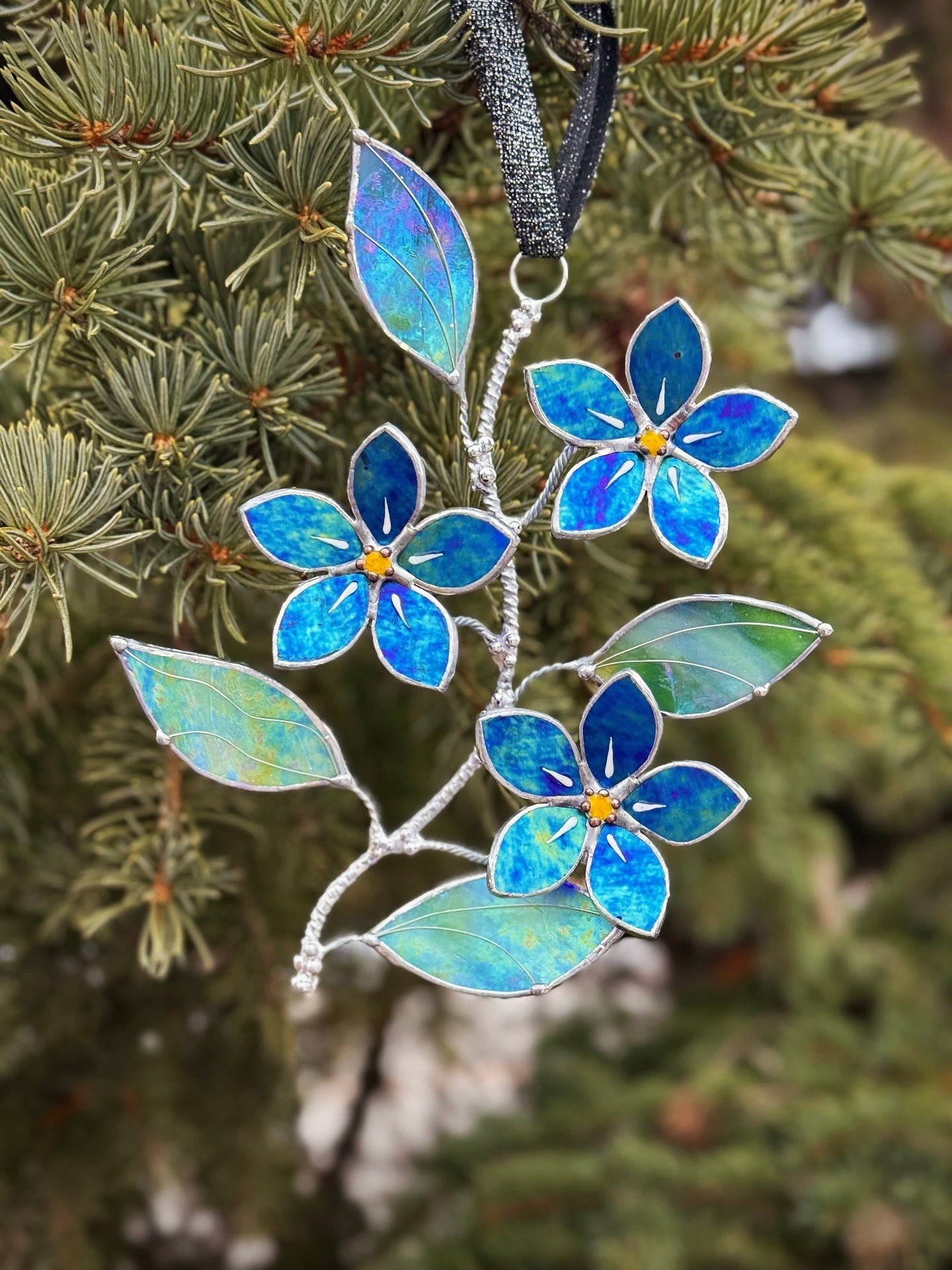 "  . Forget me not flower Indigo iridescent Wall Pendant, Stained glass, Walldecoration, Suncatcher