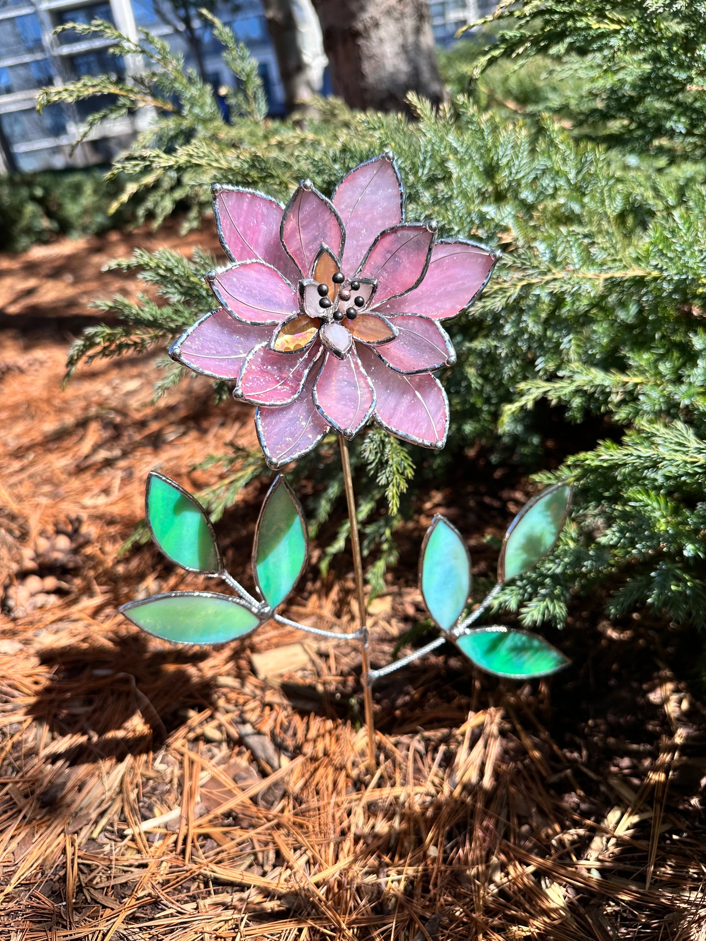 ". Candy Pink Lily translucent ribbed" Stained glass tropical flower 3D, Sun catcher, Table plant, Garden stake, wedding decor, Christmas gift, available