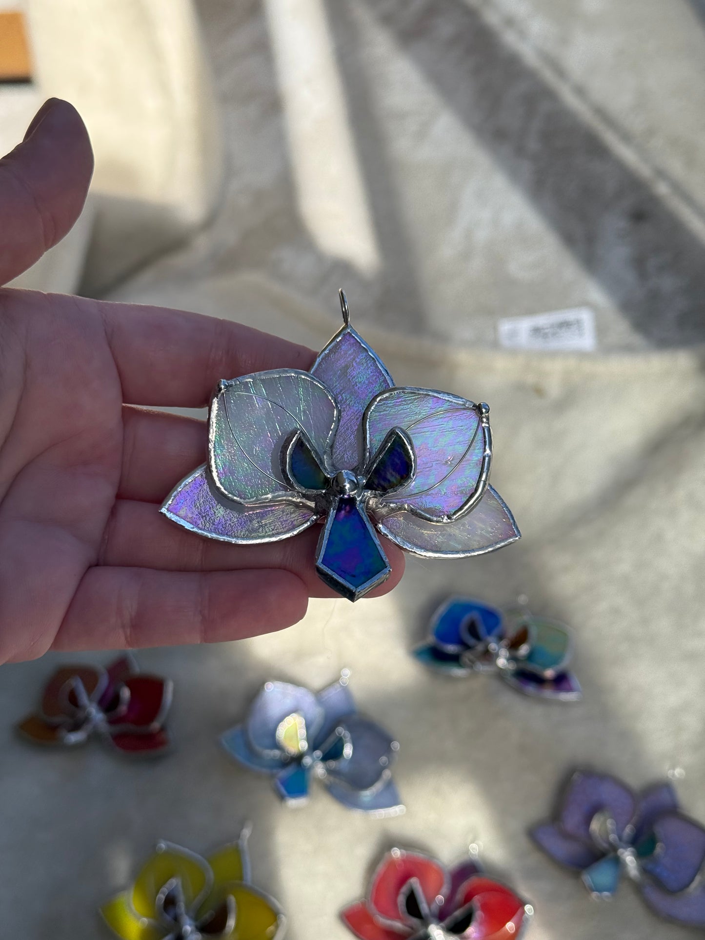 " . Orchid flower White pearl irid, Stained glass Decorative ORNAMENT, Christmas decoration, Suncatcher