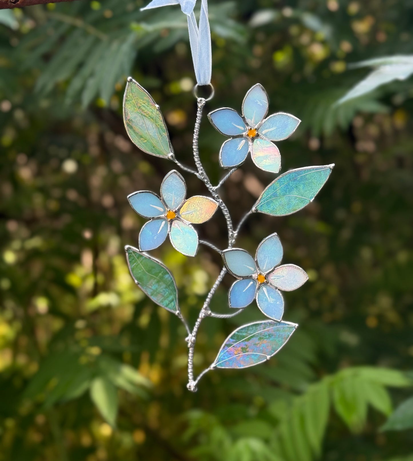 .Forget Me Not light blue Artisan Stained Glass Suncatcher Floral Wall Hanging new