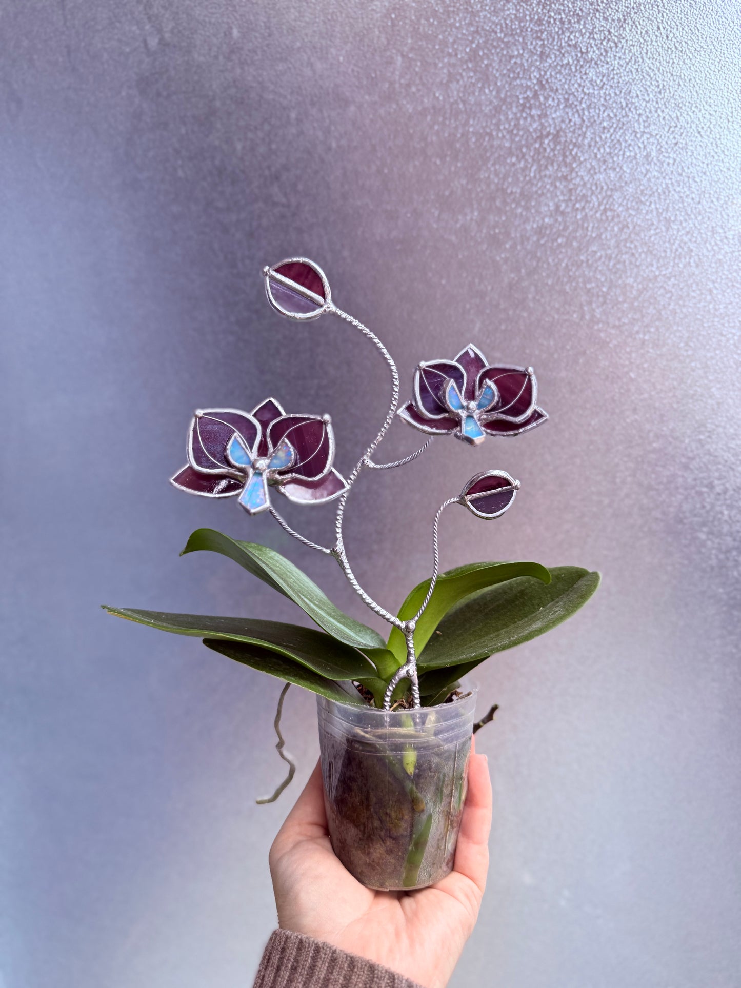 " . CHOOSE COLOR Orchid flower stick, Plant stake 2 flowers no pot” Stained glass tropical flower 3D, Sun catcher, Table plant, Garden stick, Outdoor and gardening decor