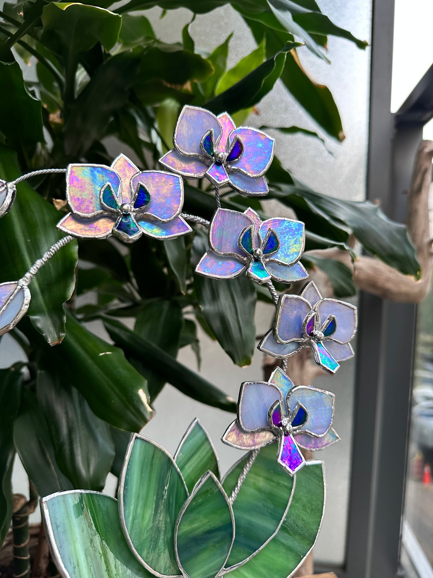 " . Lavender iridescent Orchid 5 flowers with pot" Stained glass tropical flower 3D, Sun catcher, Table plant, Garden stick, wedding decor, Christmas gift