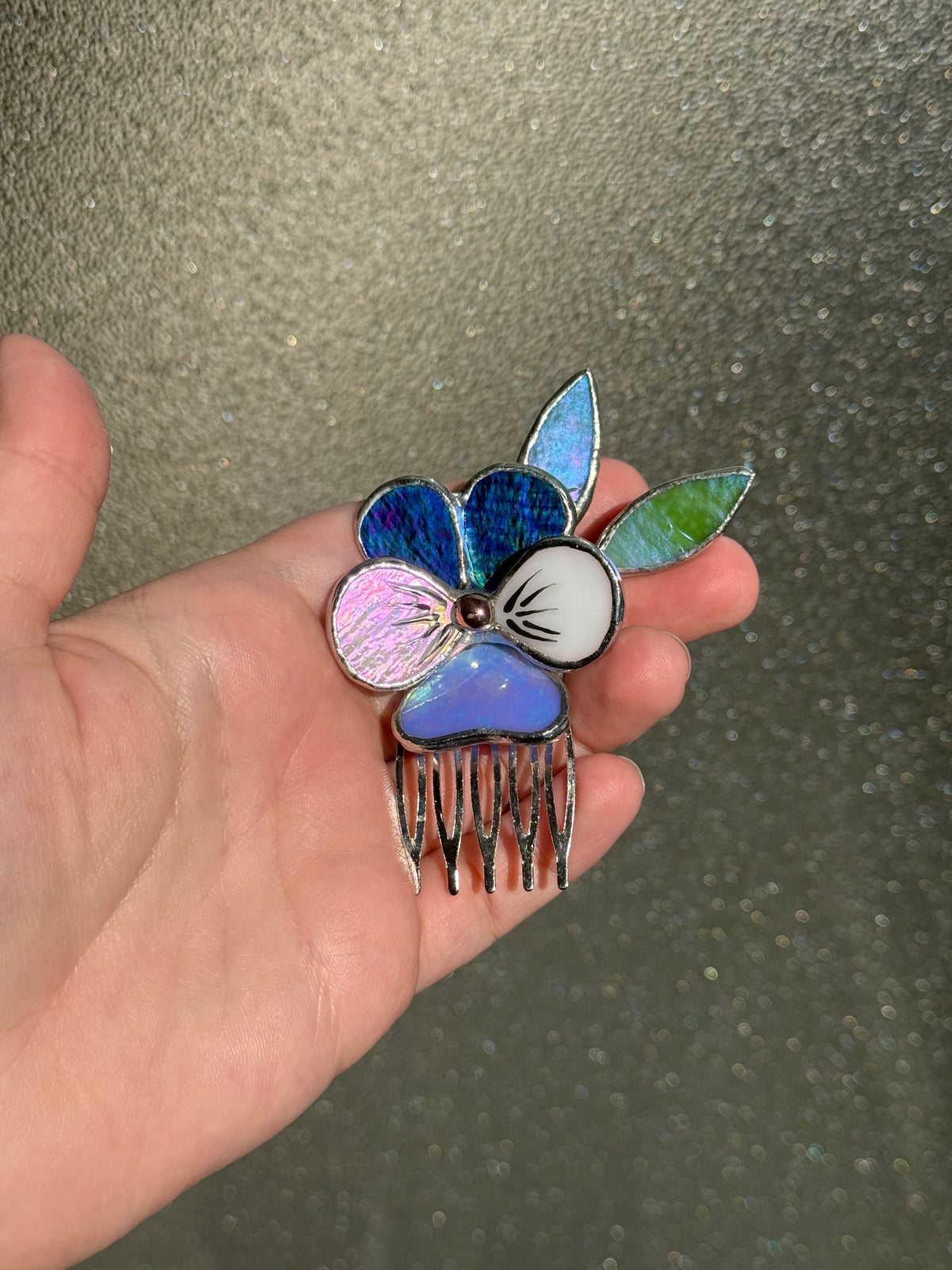 Hair Comb Stained Glass Pansy Flower CHOOSE COLOR Handmade Floral Accessories