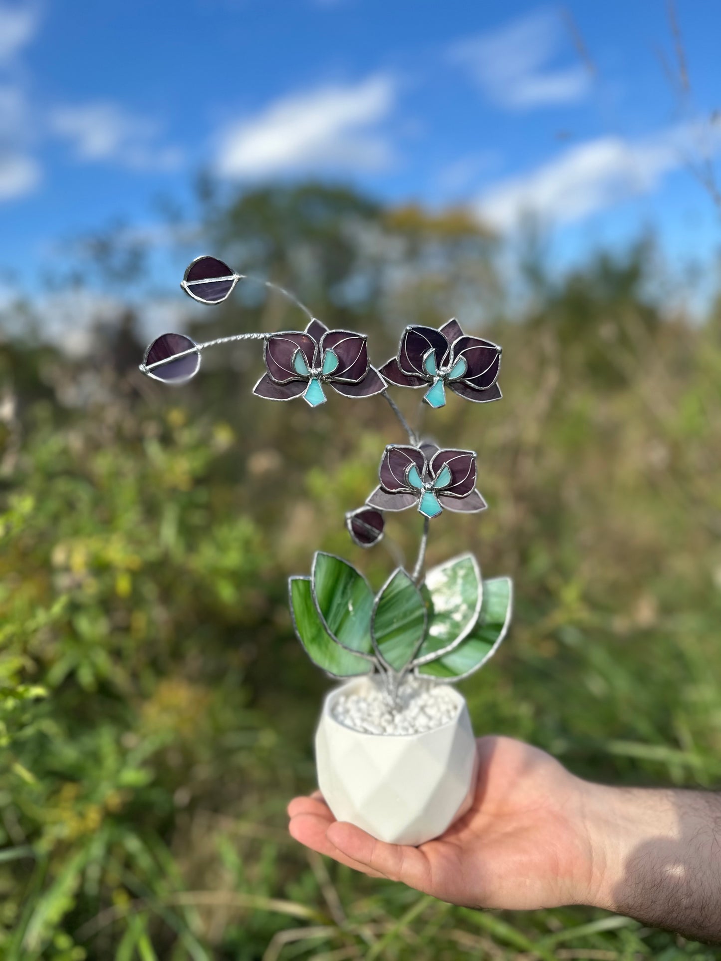 " . Elderberry Orchid 3 flowers with pot” Stained glass tropical flower 3D, Sun catcher, Table plant decor, Garden stick, Outdoor and gardening decor