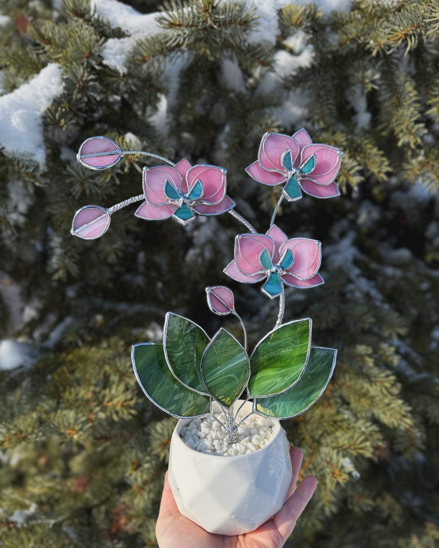 " . Bright Pink Orchid 3 flowers with pot” Stained glass tropical flower 3D, Sun catcher, Table plant, Garden stick, Outdoor and gardening decor