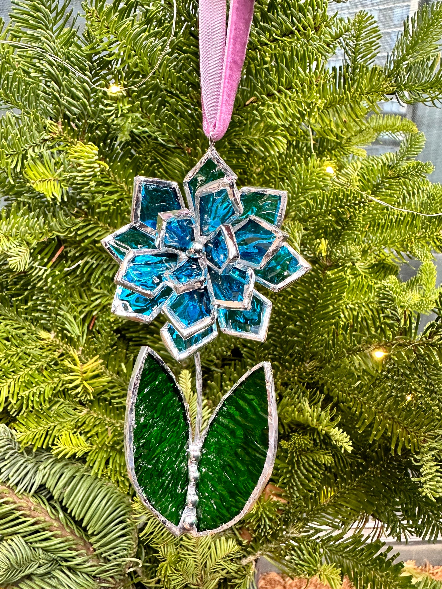 Christmas tree ornament Flower Blue ribbed transparent Set of 1, 3, 5, 7, 10. Stained glass Wall window decor, holiday decorations, lights