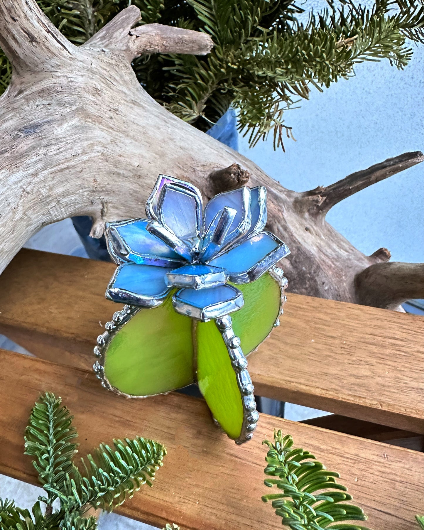 "Cactus XL Sky Blue Iridescent& Green Iridescent ", Stained glass, Succulent 3D Cacti house plant for flower pot Sun catcher glass art wedding, available