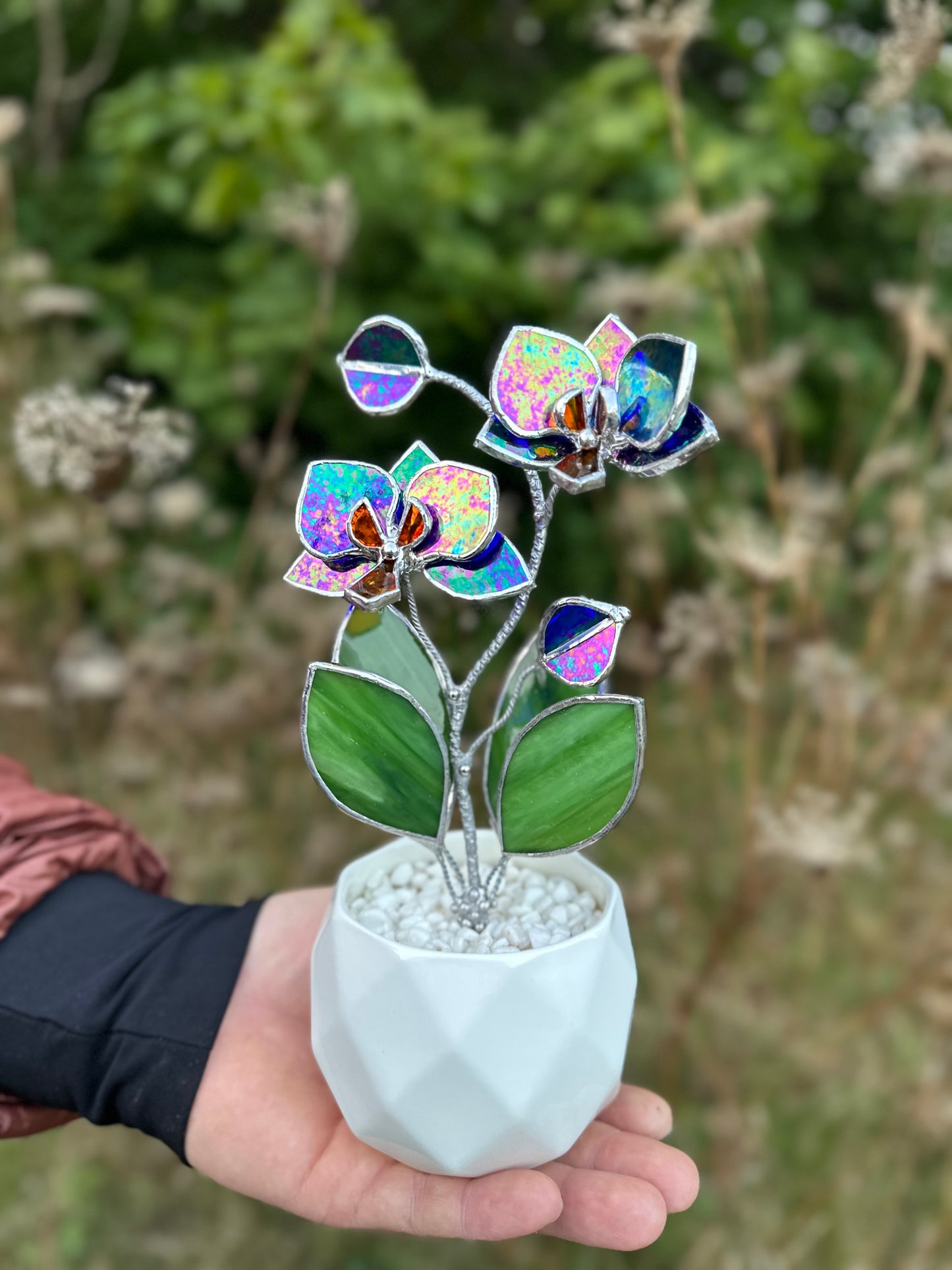 " . Indigo iridescent Orchid 2 flowers with pot” Stained glass tropical flower 3D, Sun catcher, Table plant decor, Garden stick, Outdoor and gardening decor