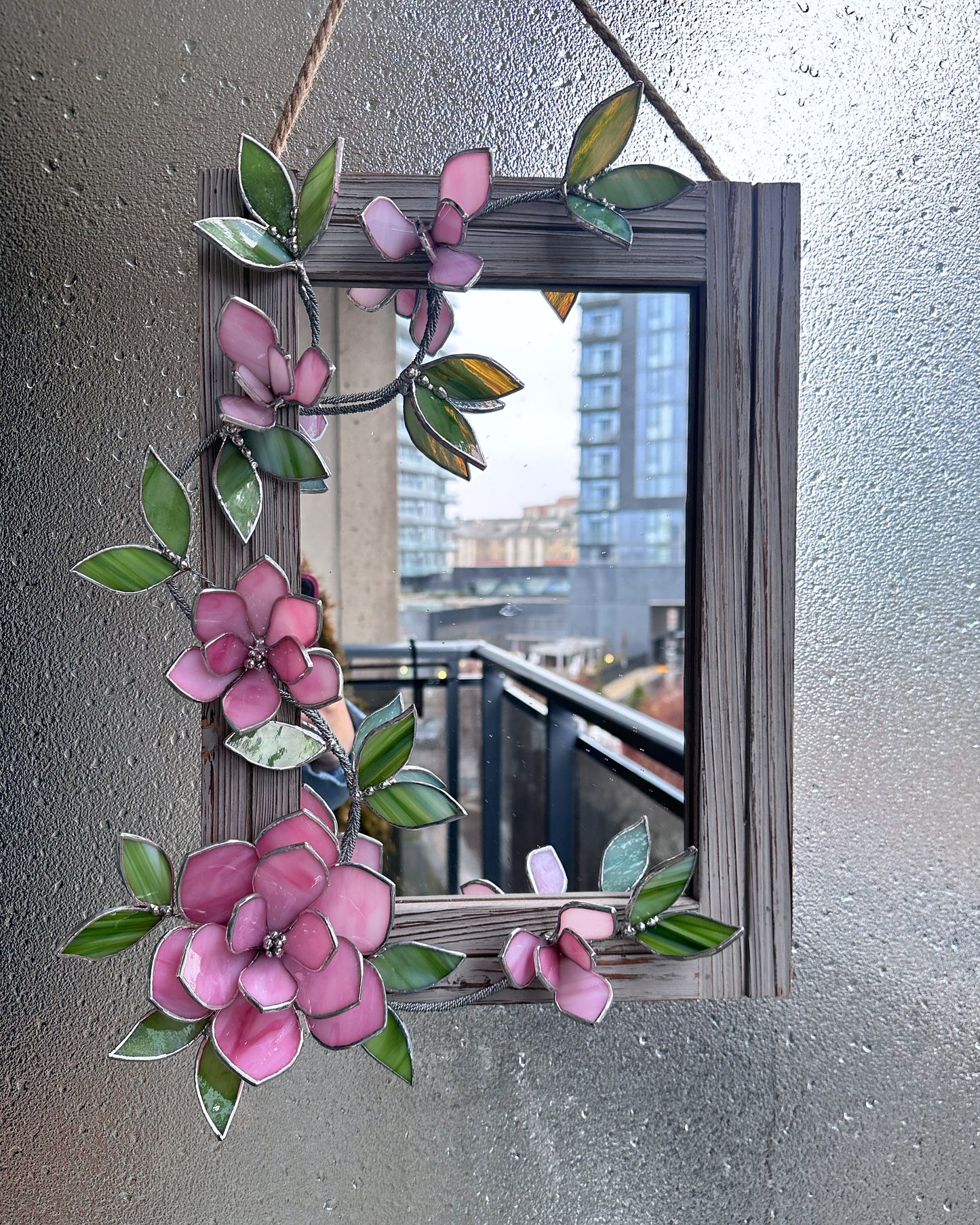 " . Flower Mirror Pink Magnolia, Stained glass Wedding Wall Decor Christmas gift, Suncatcher