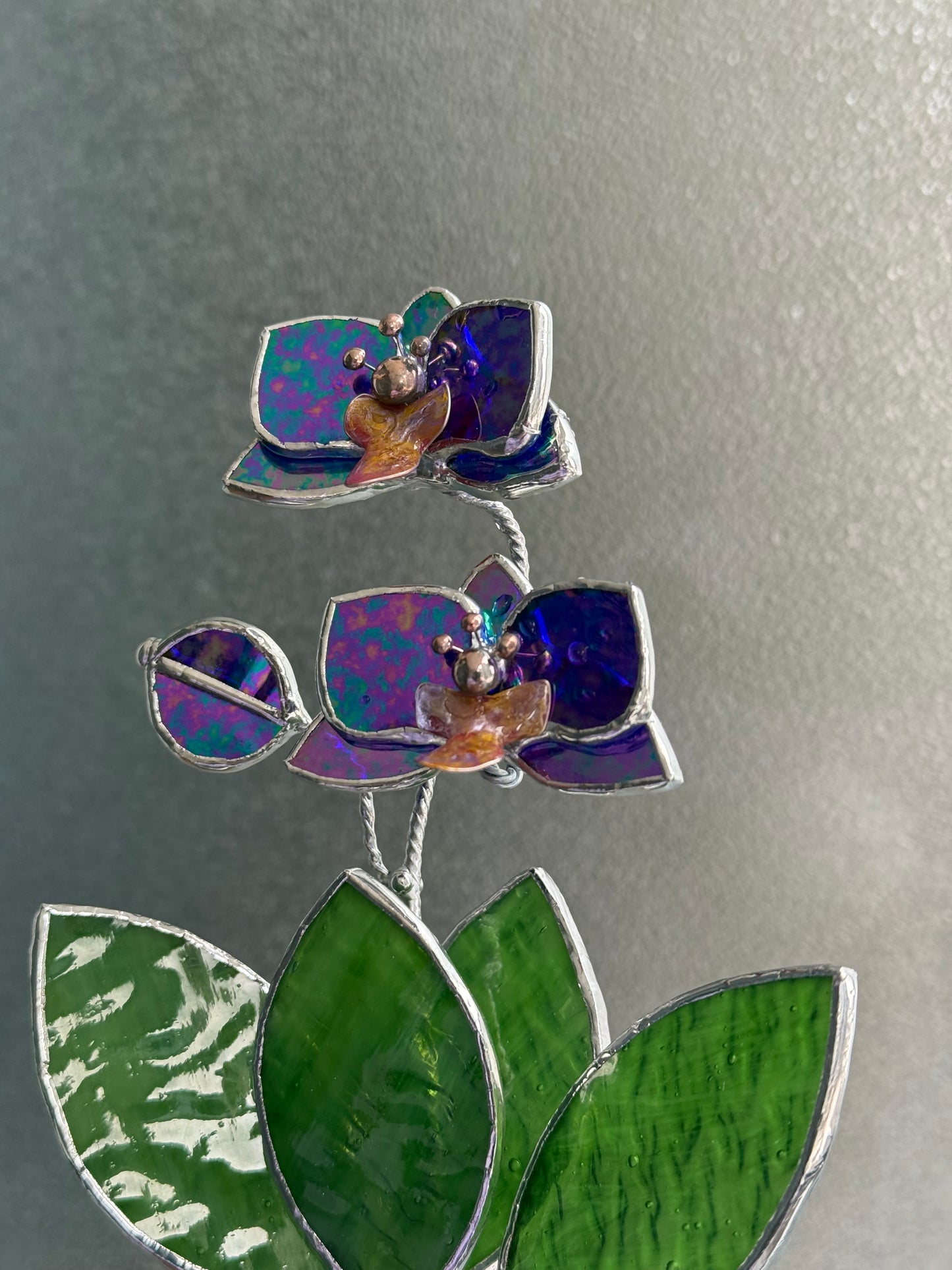 Orchid Indigo Stained Glass Artisan Flower, Botanical Table Decor
