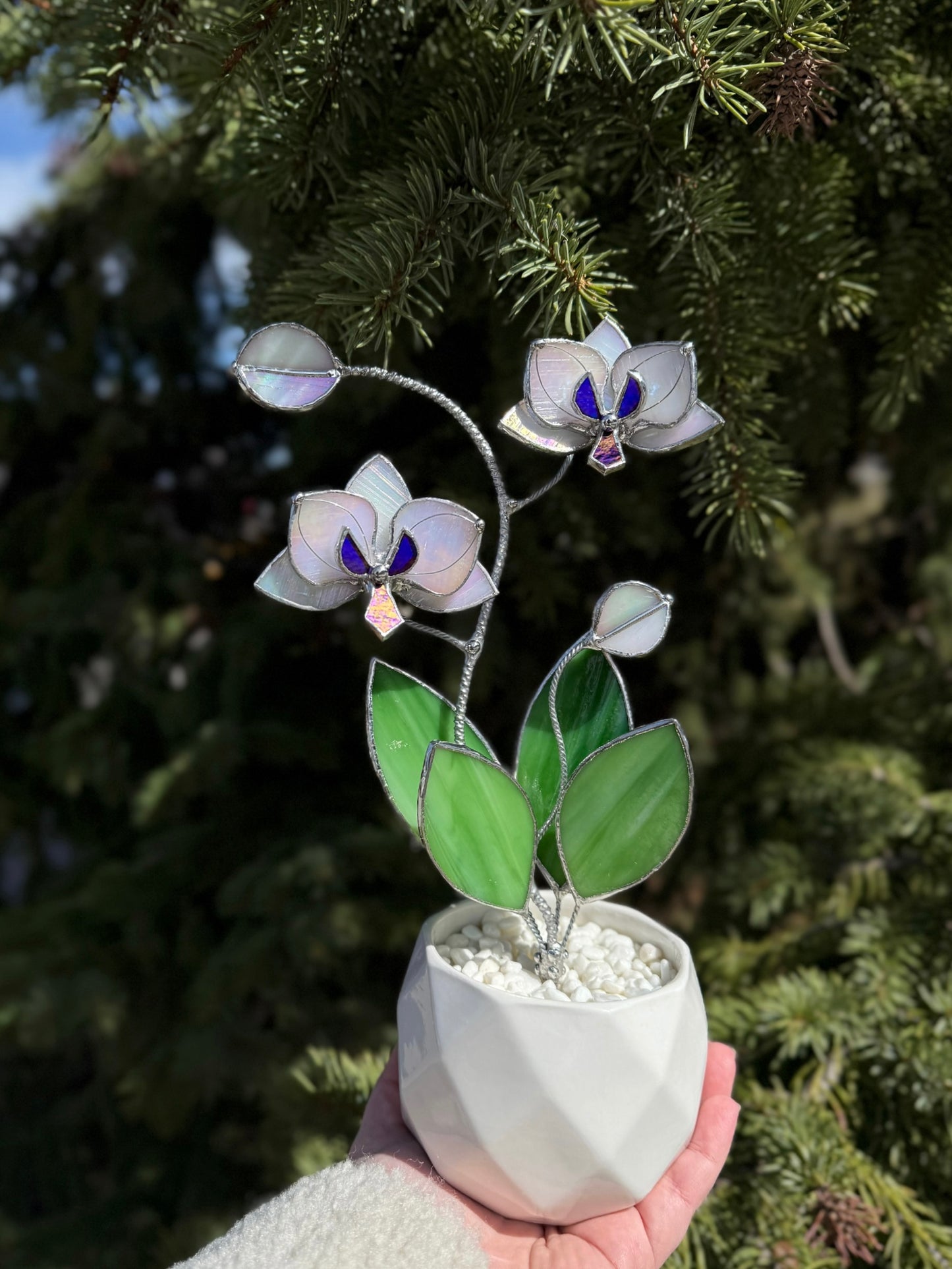 " . Orchid White Pearl iridescent, 2 flowers with pot” Stained glass tropical flower 3D, Sun catcher, Table plant decor, Garden stick, Outdoor and gardening decor