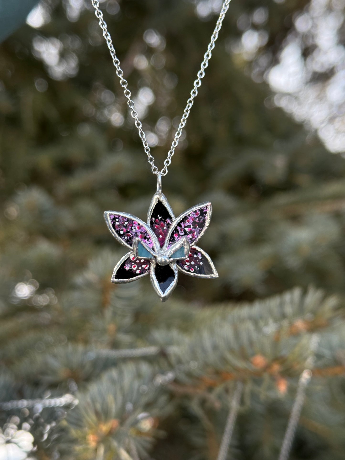 " . Necklace Tropical Orchid Black tiger with” Stained glass tropical flower 3D, art jewelry