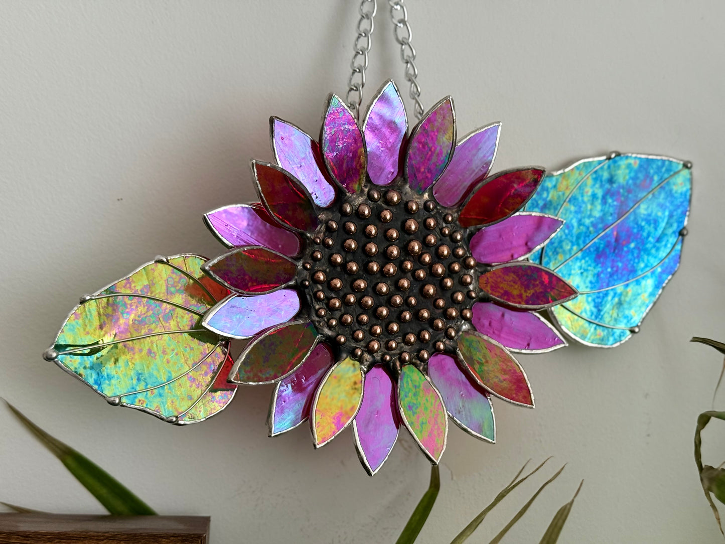 Sunflower Ruby Red, Stained Glass Suncatcher, Wall Art Decor ready