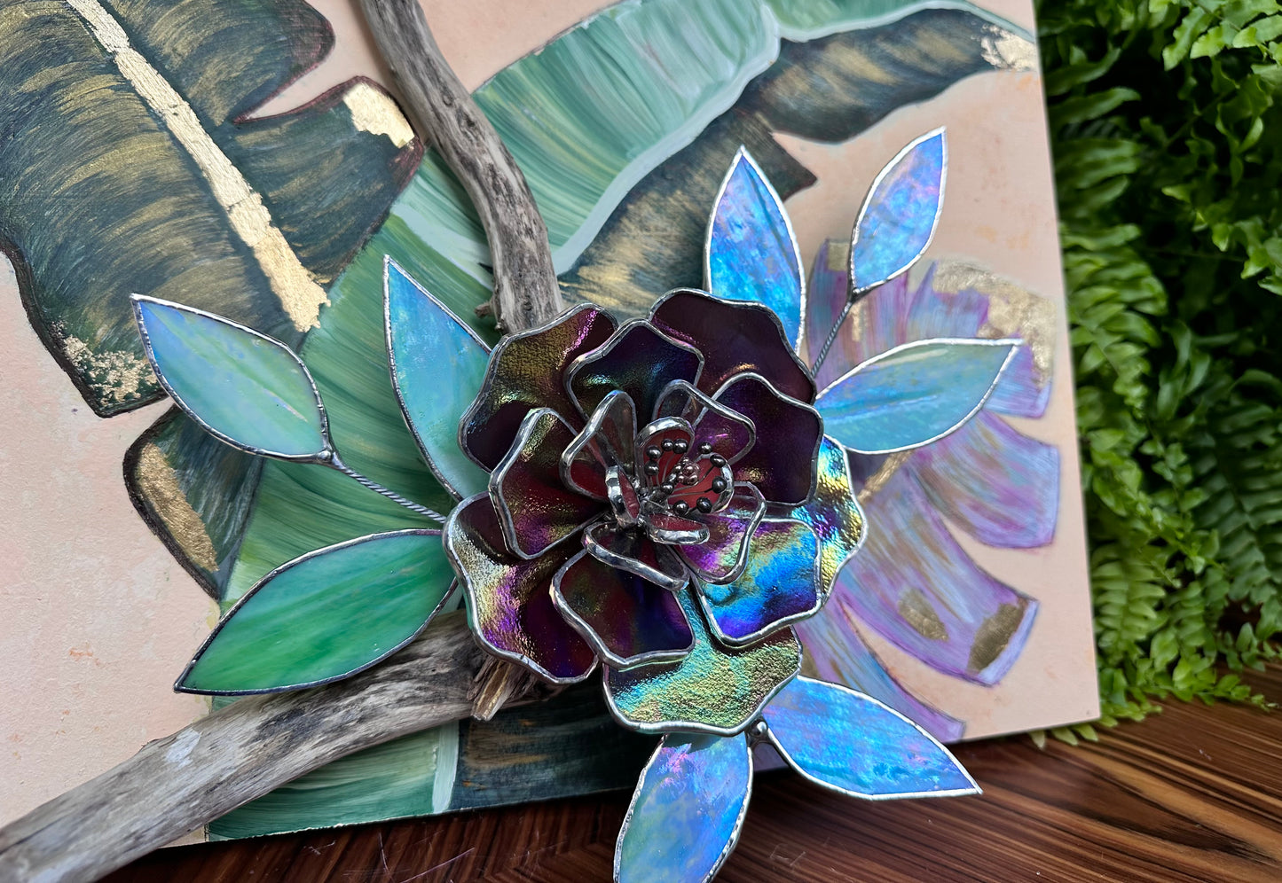 " .Acrylic painting ‘Wild Tropics’ with stained glass 3D flowers, Wall decor, Wedding, Christmas gift, available