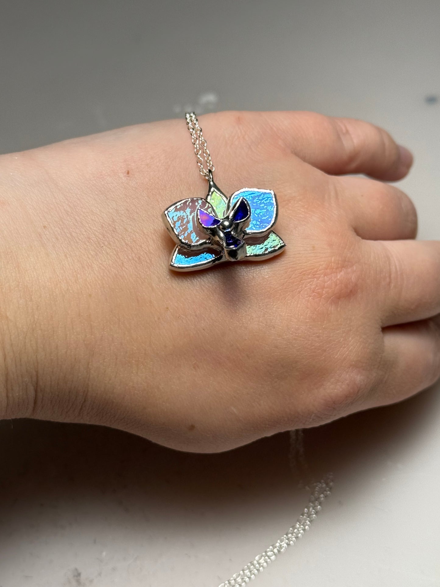Orchid Stained Glass Necklace White Pearl, Handmade Botanical Jewelry