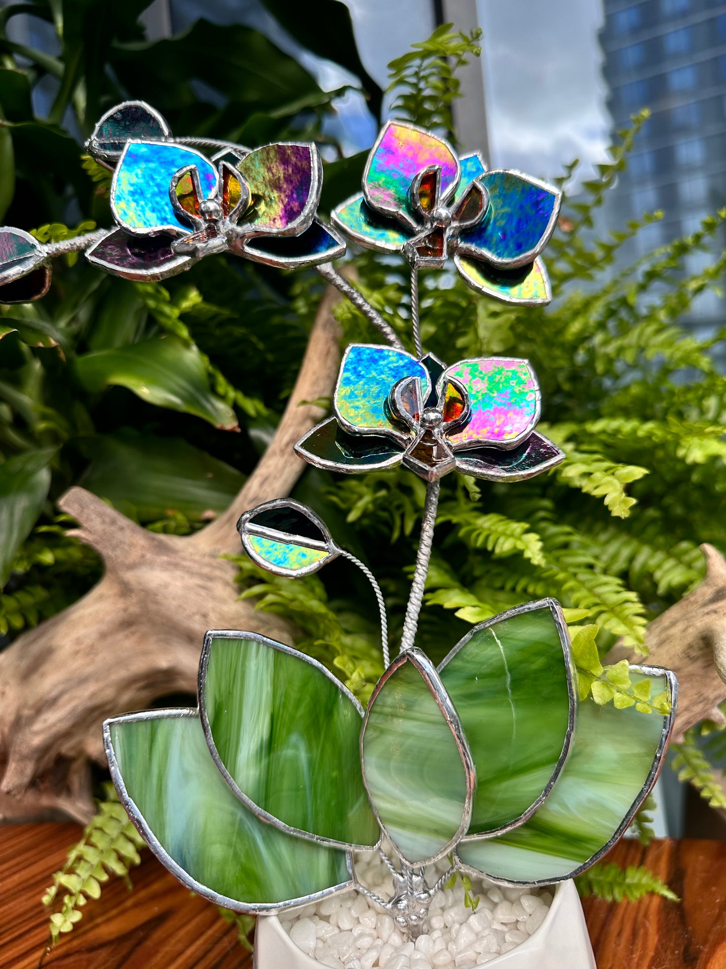 ". Multicolor opaque Orchid 3 flowers with pot” Stained glass tropical flower 3D, Sun catcher, Table plant, Garden stick, Outdoor and gardening decor