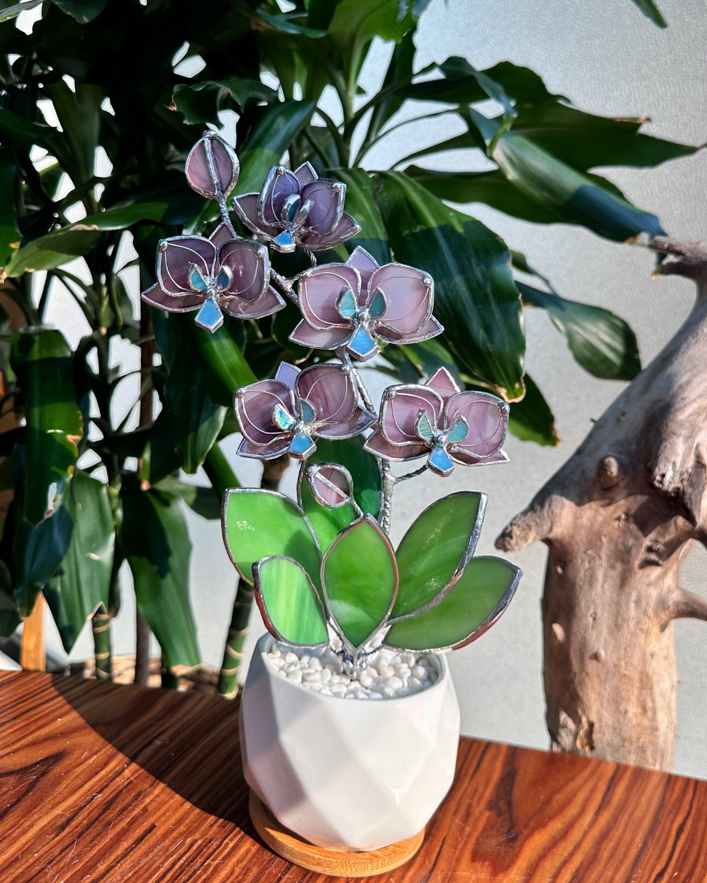 " . Dusty Rose Orchid М, 5 flowers with pot” Stained glass tropical flower 3D, Sun catcher, Table plant, Garden stick, Outdoor and gardening decor