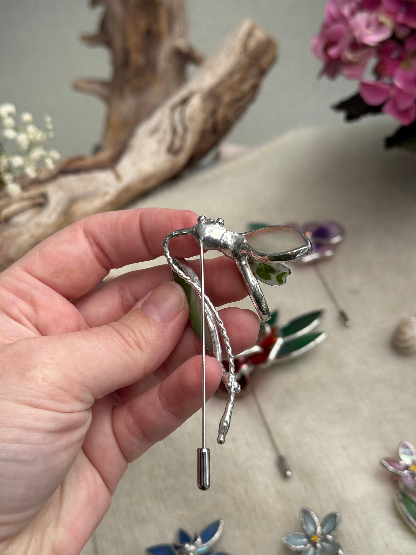 Snowdrop Brooch Statement Stained Glass Floral Pin, Modern Art Jewelry