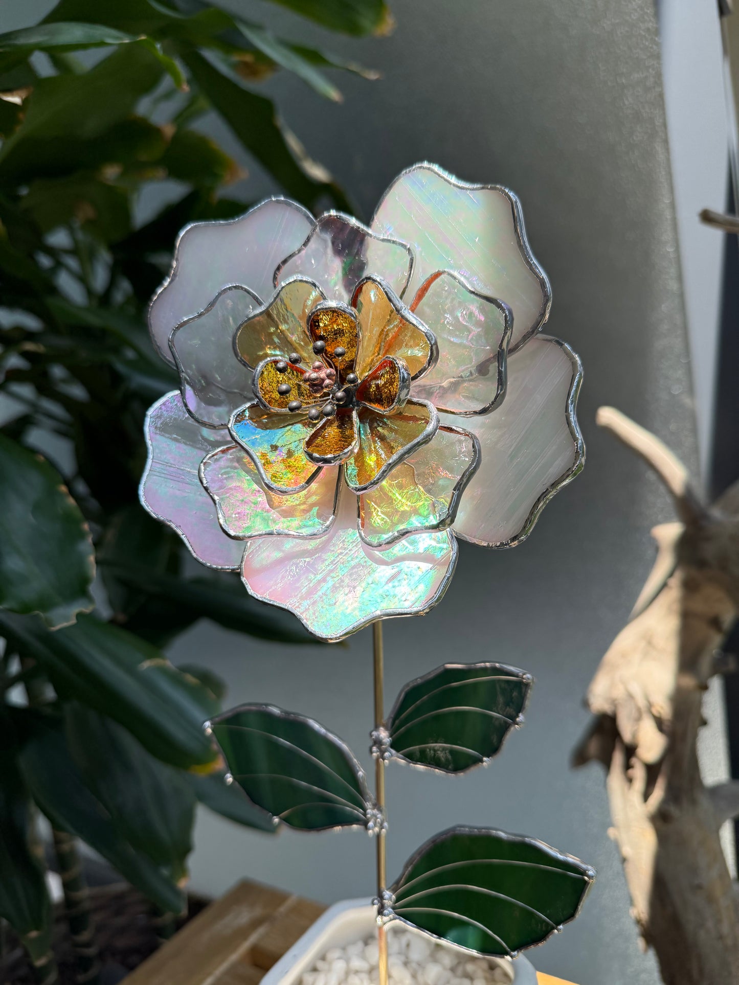 " . Beautiful Peony White & yellow iridescent Stained glass flower, tropical 3D Sun catcher, Table plant decor, wedding gift, available new