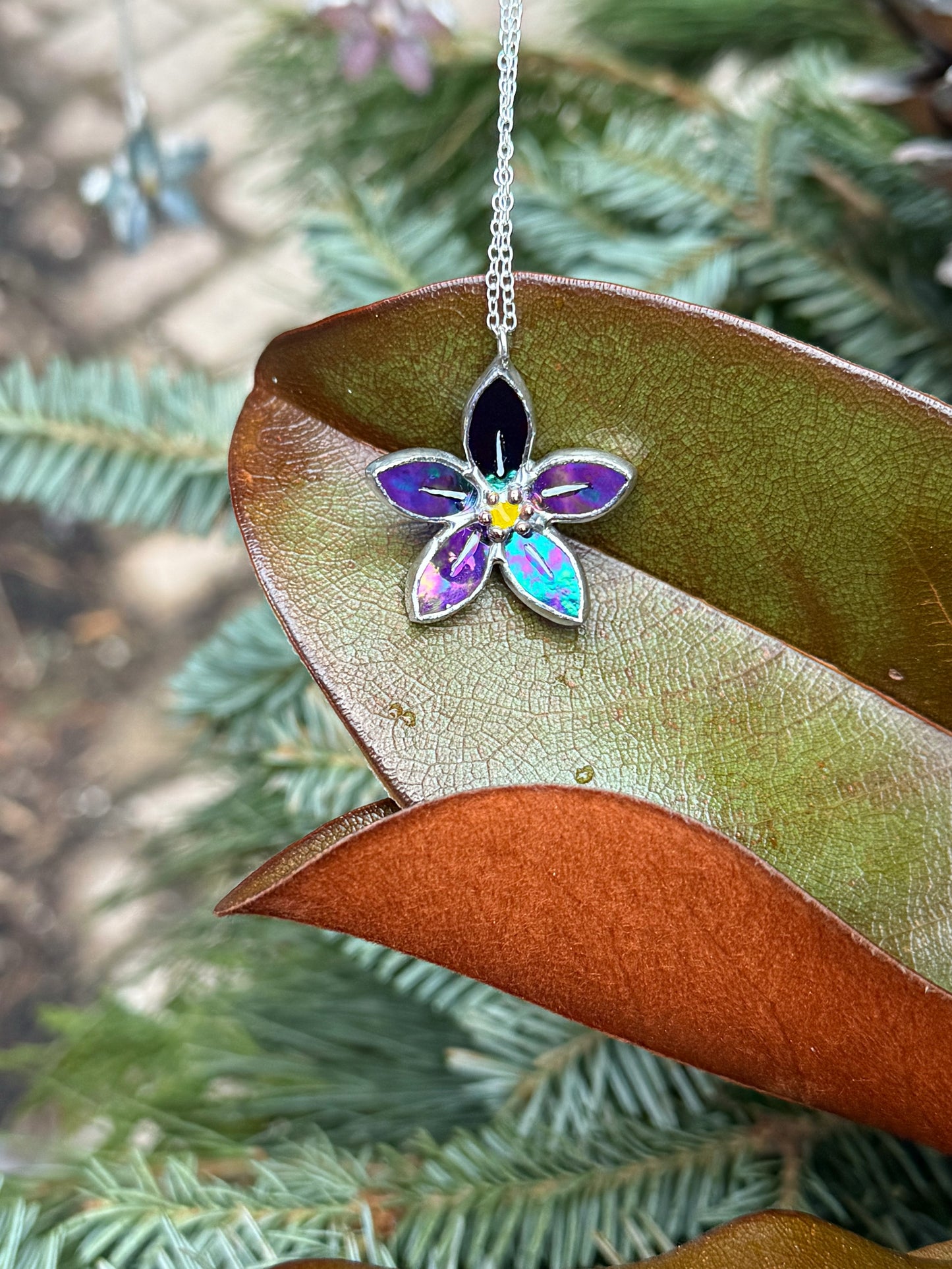 Forget Me Not Necklace Stained Glass Necklace Indigo, Botanical Jewelry